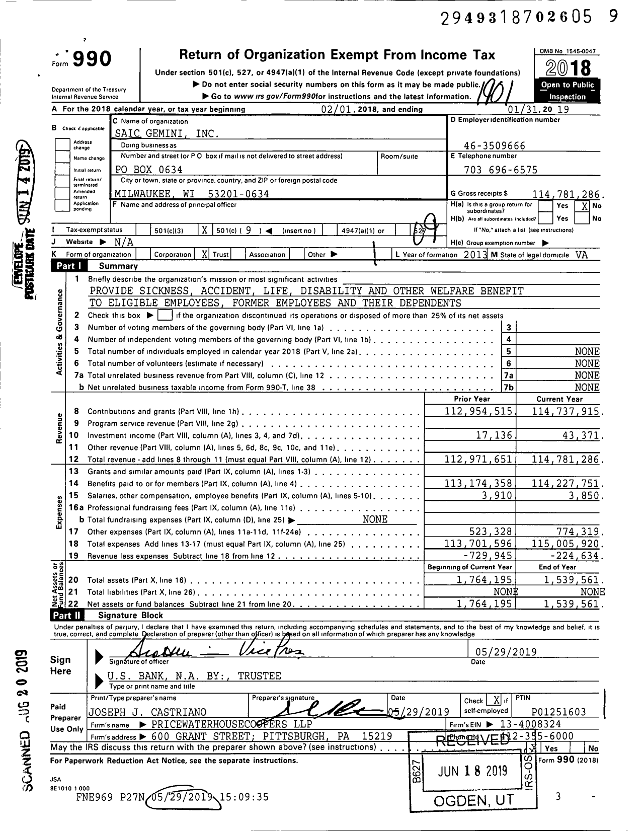 Image of first page of 2018 Form 990O for Saic Gemini