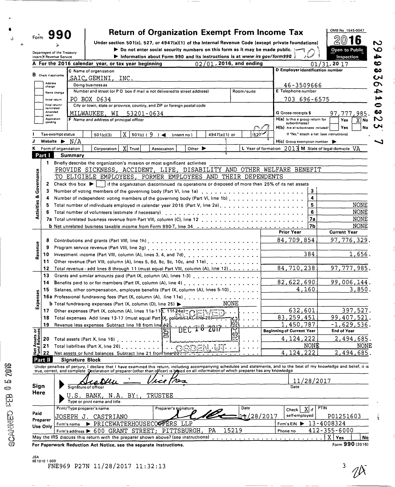 Image of first page of 2016 Form 990O for Saic Gemini