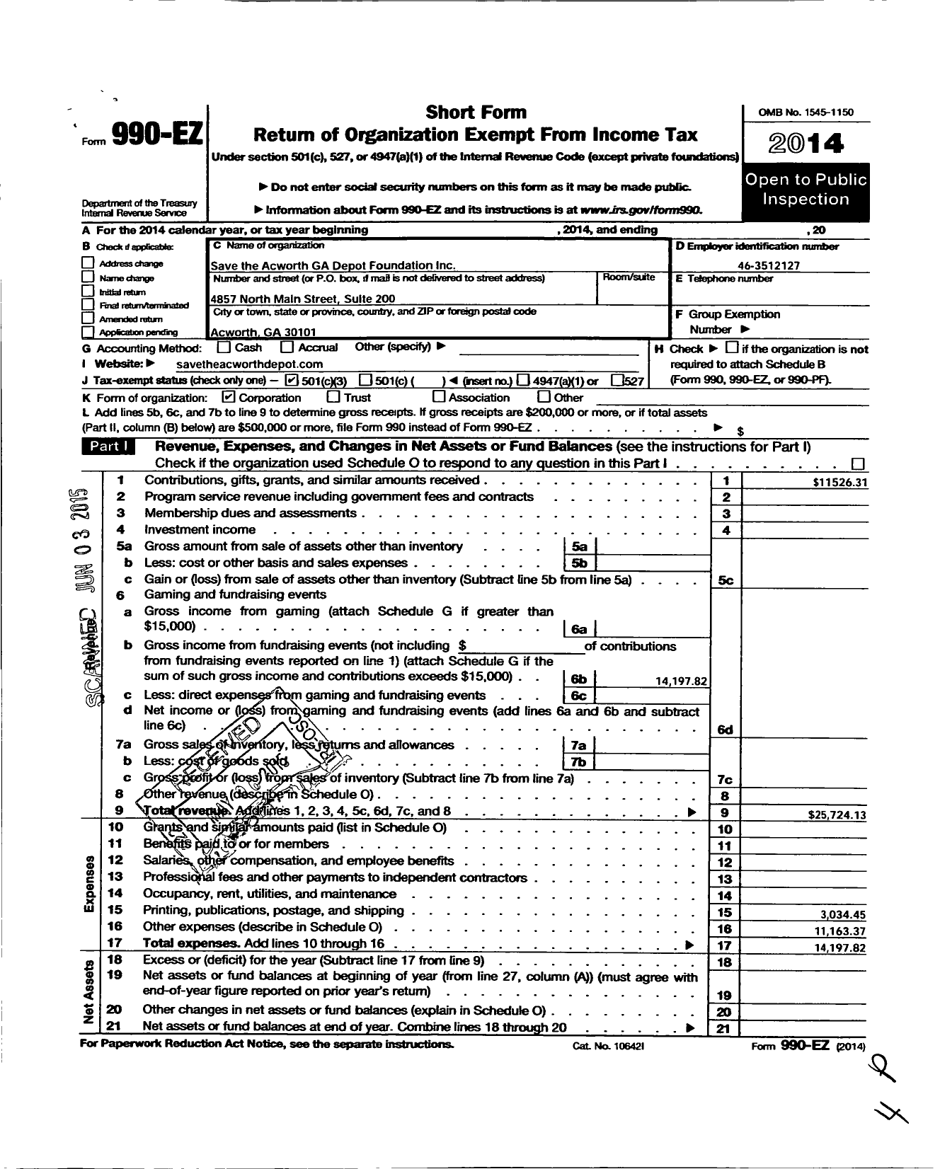 Image of first page of 2014 Form 990EZ for Save Acworth History Foundation