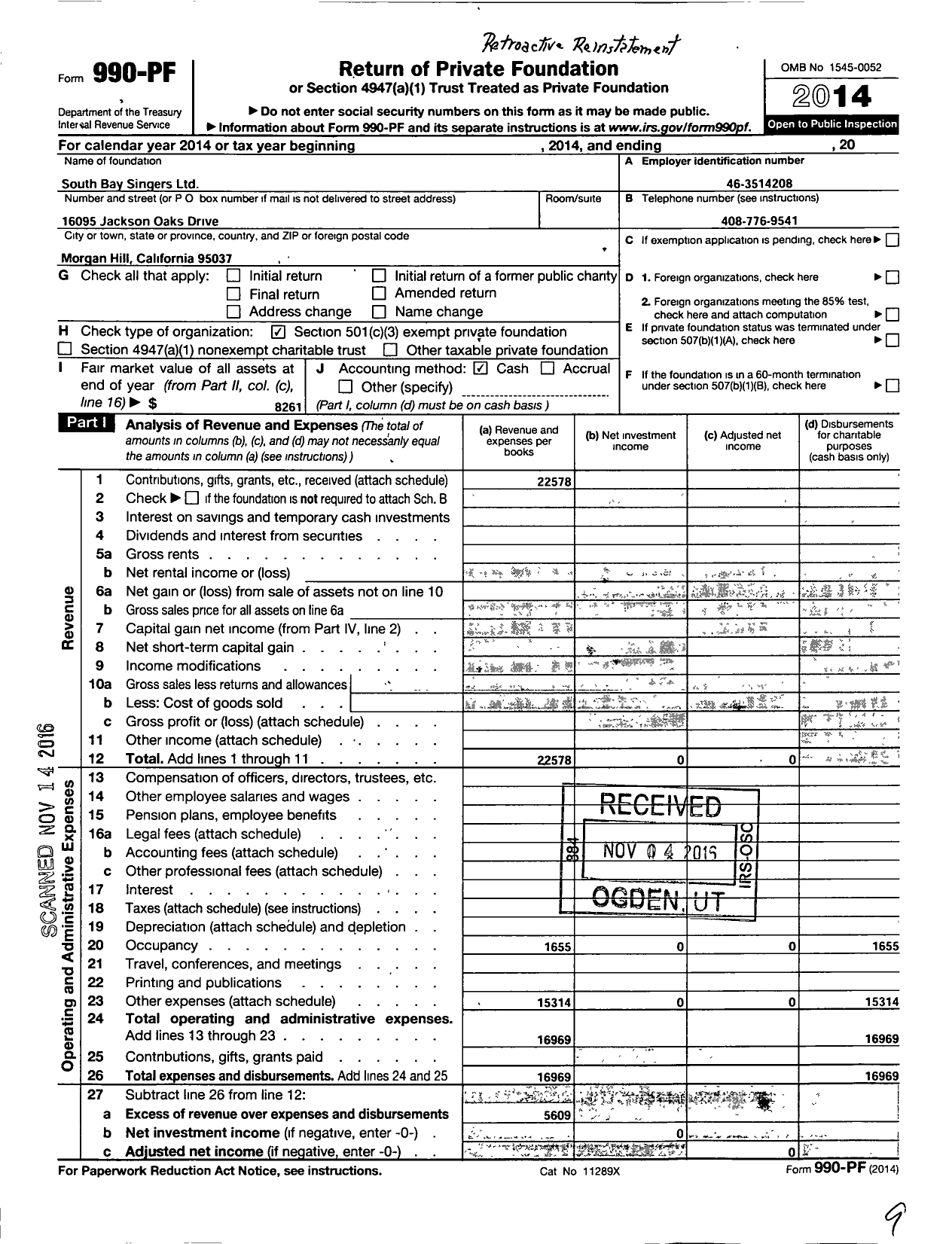 Image of first page of 2014 Form 990PF for South Bay Singers