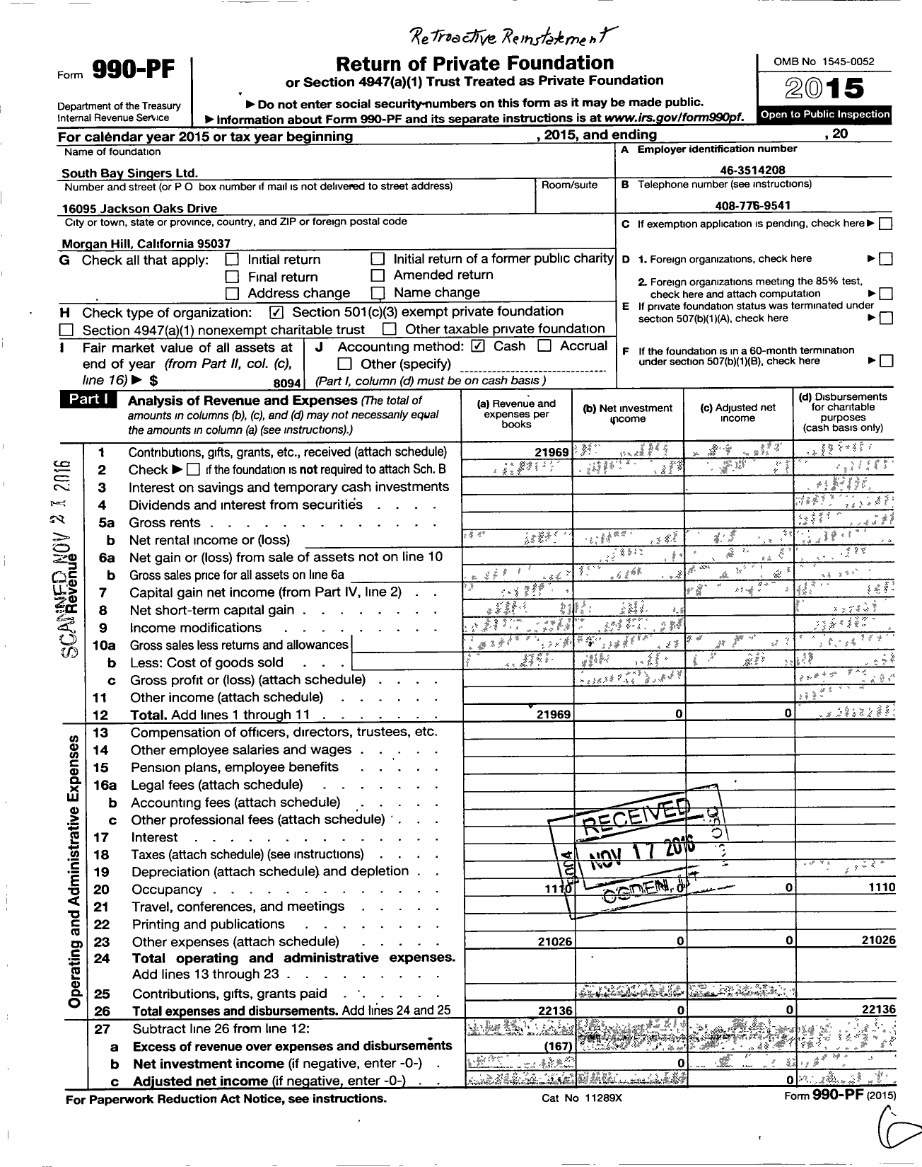 Image of first page of 2015 Form 990PF for South Bay Singers