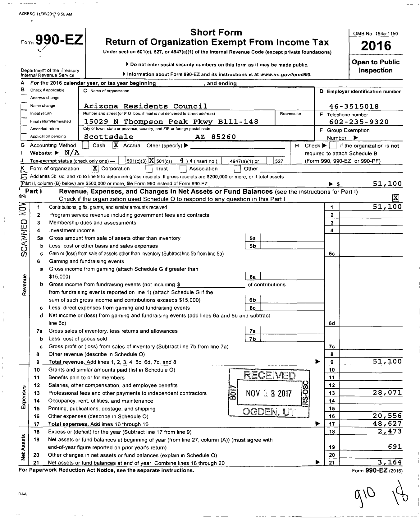 Image of first page of 2016 Form 990EO for Arizona Residents Council