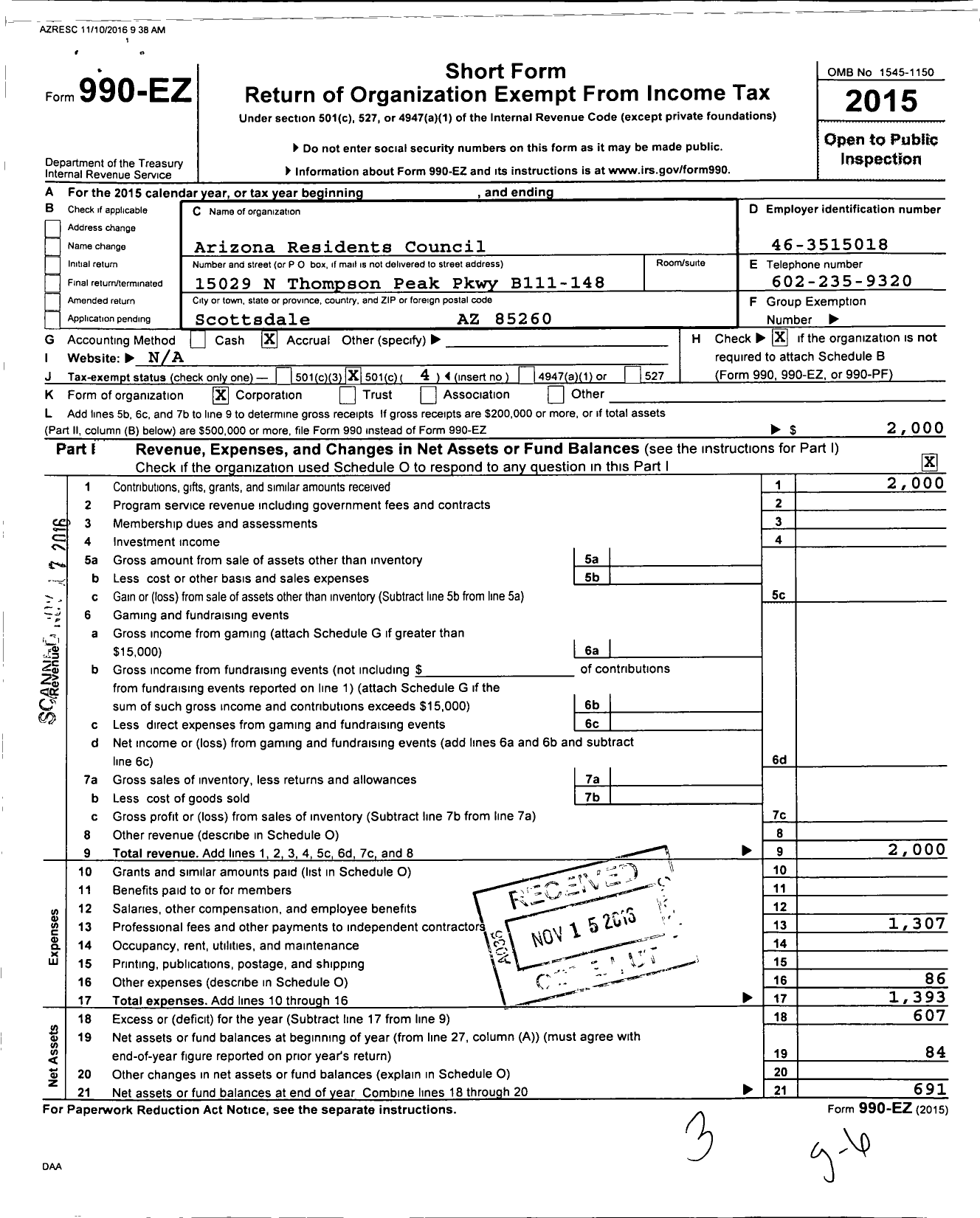 Image of first page of 2015 Form 990EO for Arizona Residents Council