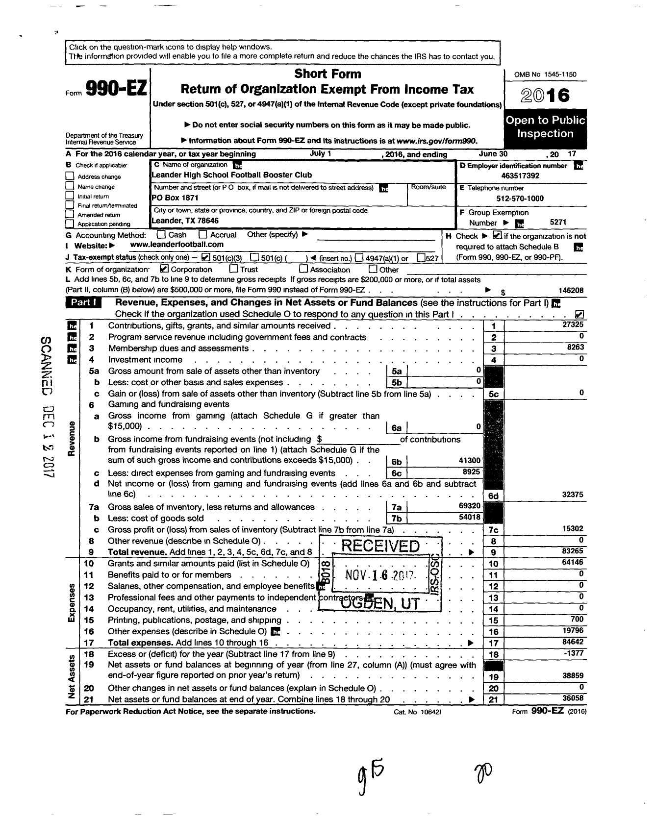 Image of first page of 2016 Form 990EZ for Leander High School Football Booster Club