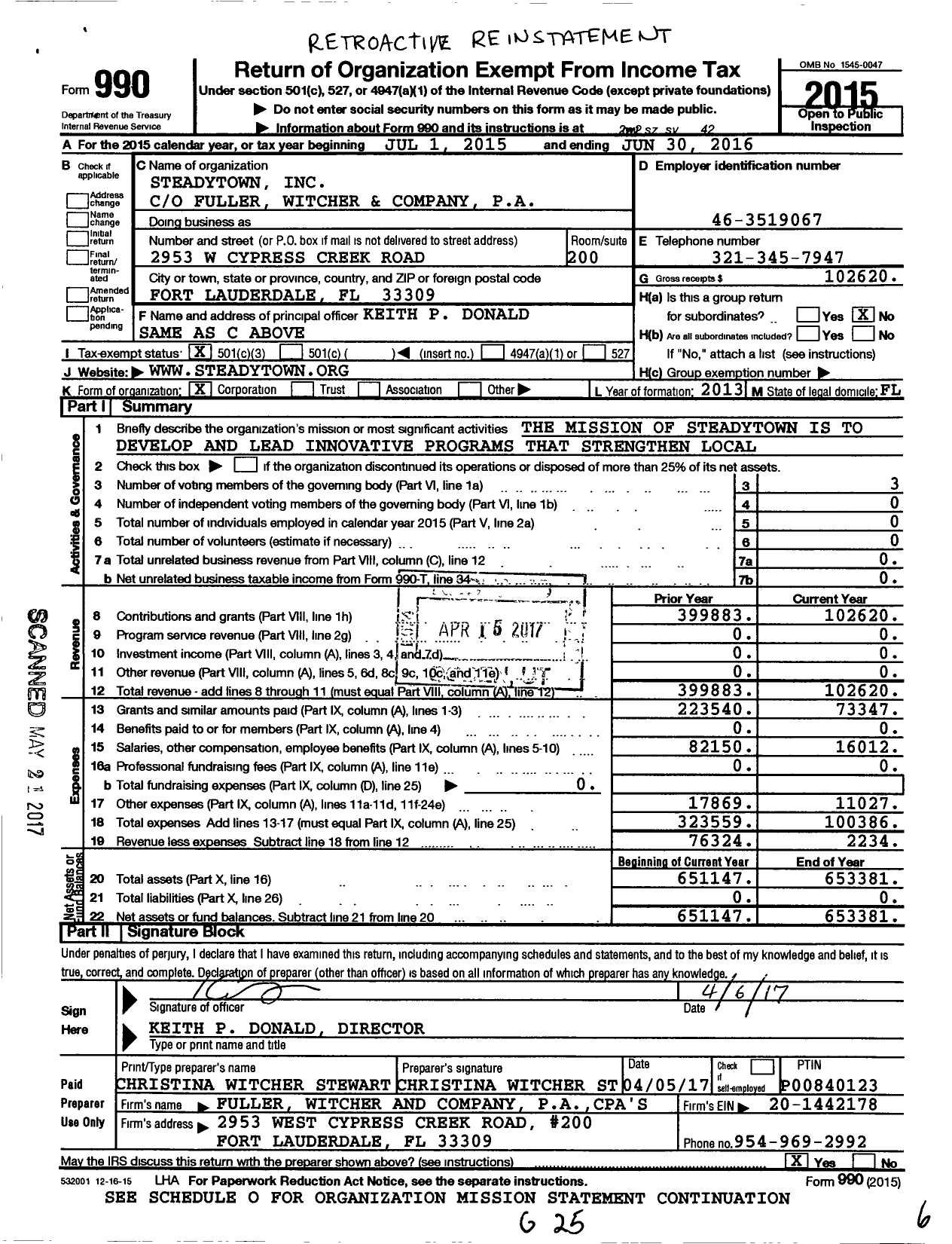 Image of first page of 2015 Form 990 for Steadytown