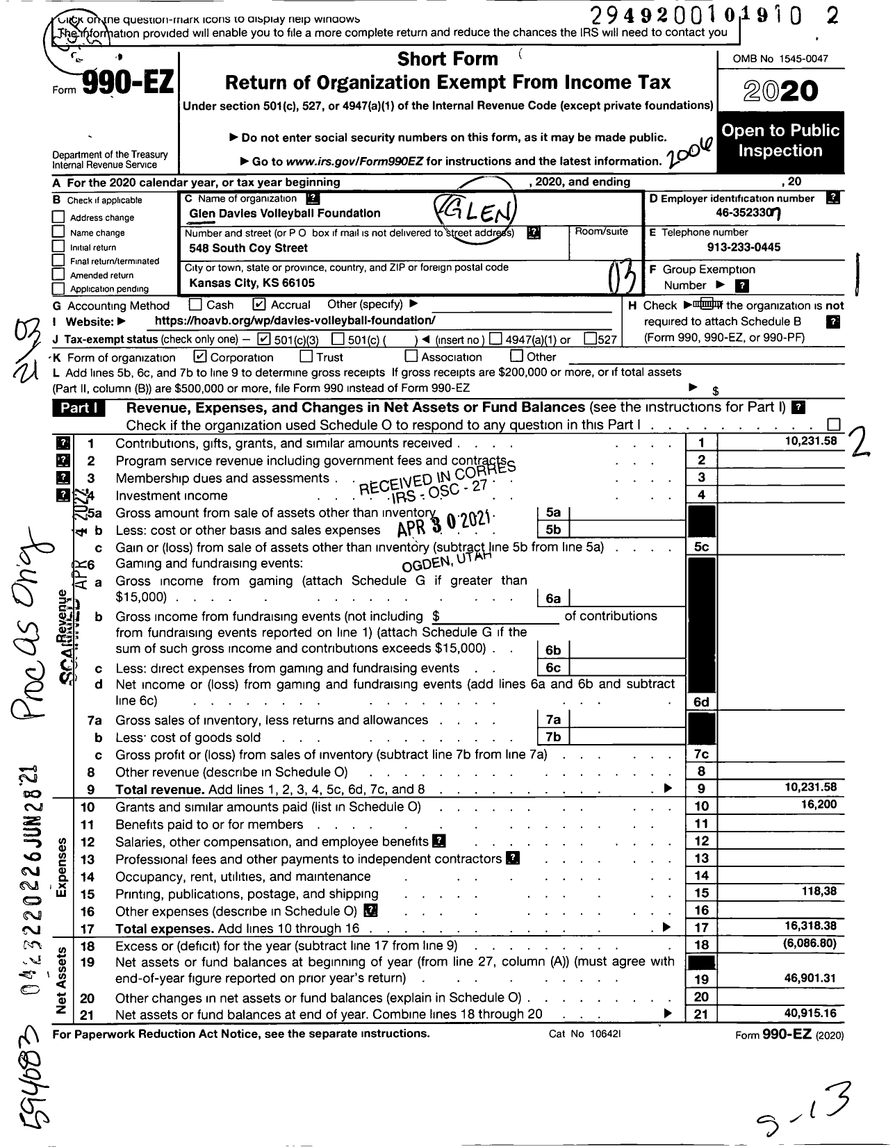 Image of first page of 2019 Form 990EZ for Glen Davies Volleyball Foundation