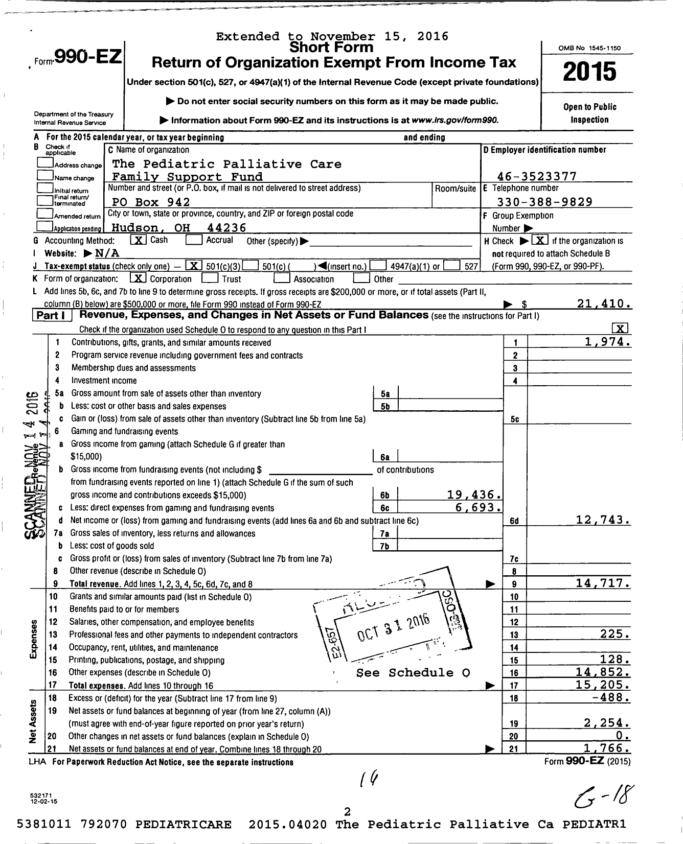 Image of first page of 2015 Form 990EZ for The Pediatric Palliative Care Family Support Fund