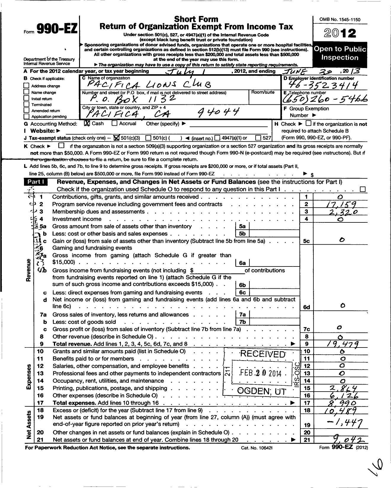 Image of first page of 2012 Form 990EZ for The Pacifica Lions Club