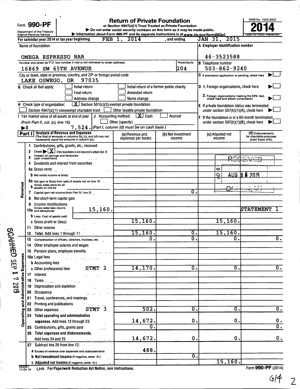 Image of first page of 2014 Form 990PF for Omeganworg