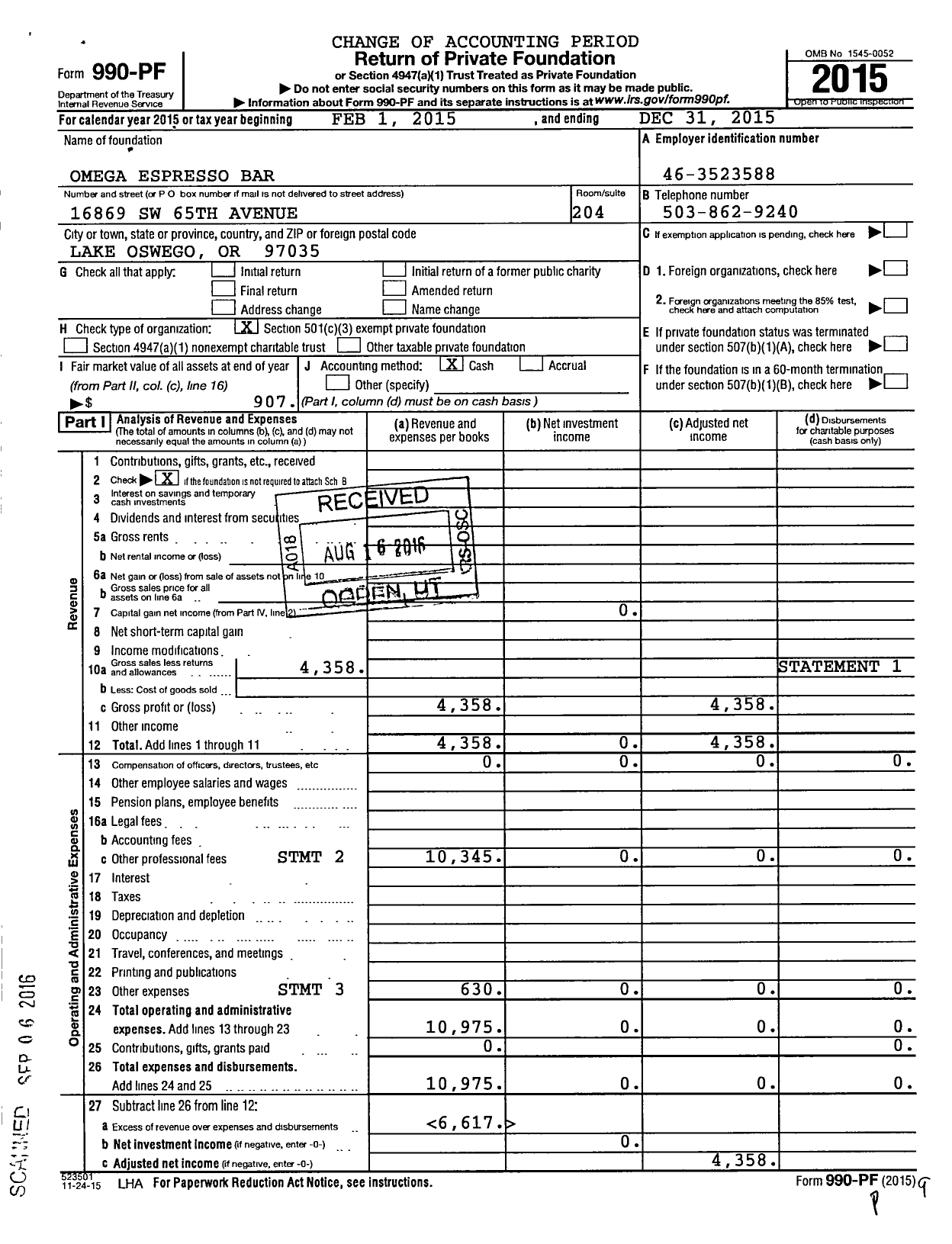 Image of first page of 2015 Form 990PF for Omeganworg