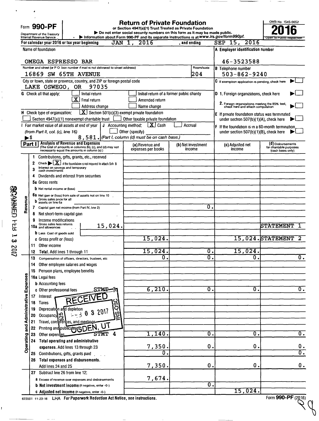 Image of first page of 2015 Form 990PF for Omeganworg