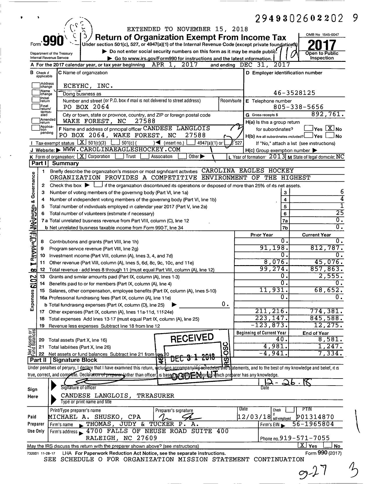 Image of first page of 2017 Form 990 for Eceyhc