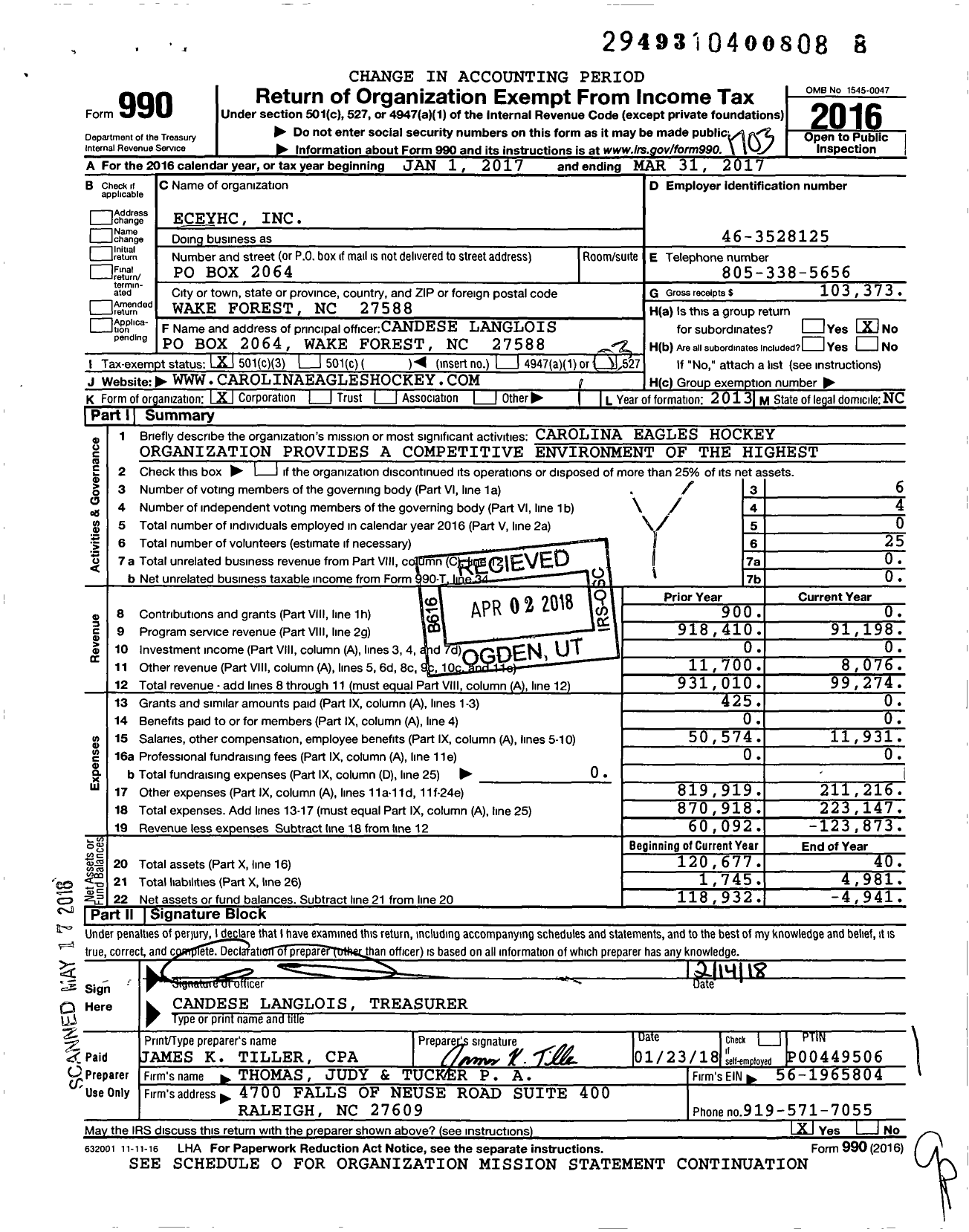 Image of first page of 2016 Form 990 for Eceyhc