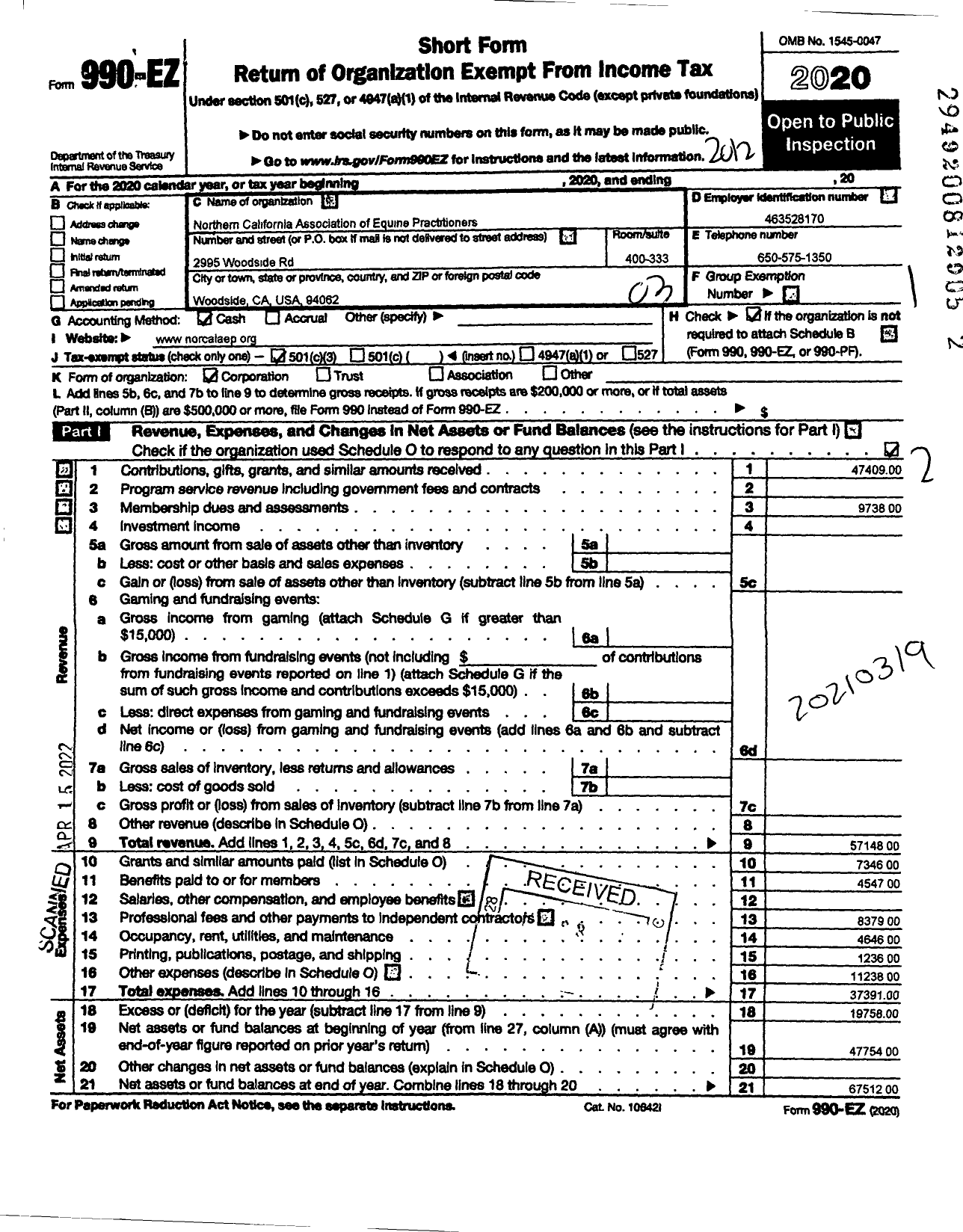 Image of first page of 2020 Form 990EZ for Northern California Association of Equine Practitioners