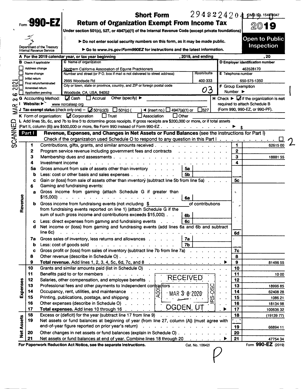 Image of first page of 2019 Form 990EZ for Northern California Association of Equine Practitioners