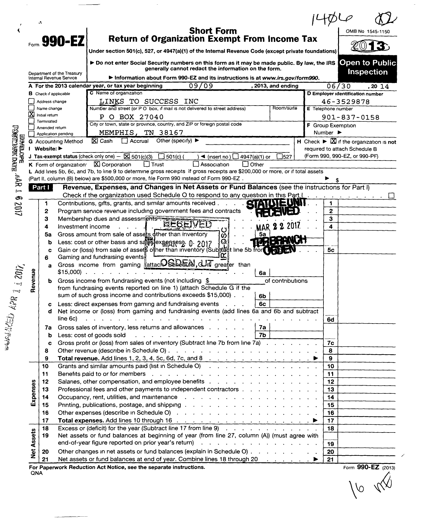 Image of first page of 2013 Form 990EZ for Links To Success