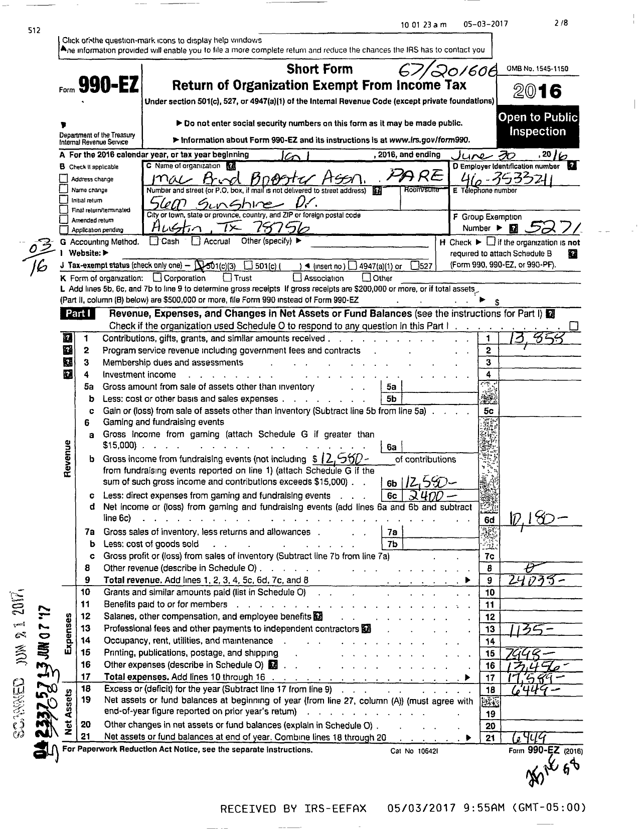 Image of first page of 2015 Form 990EZ for McCallum Band Booster Association