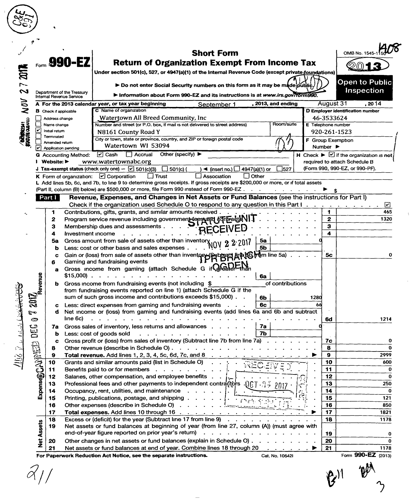 Image of first page of 2013 Form 990EZ for Watertown All Breed Community