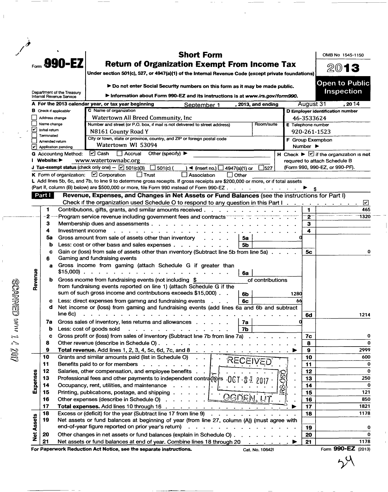 Image of first page of 2013 Form 990EZ for Watertown All Breed Community