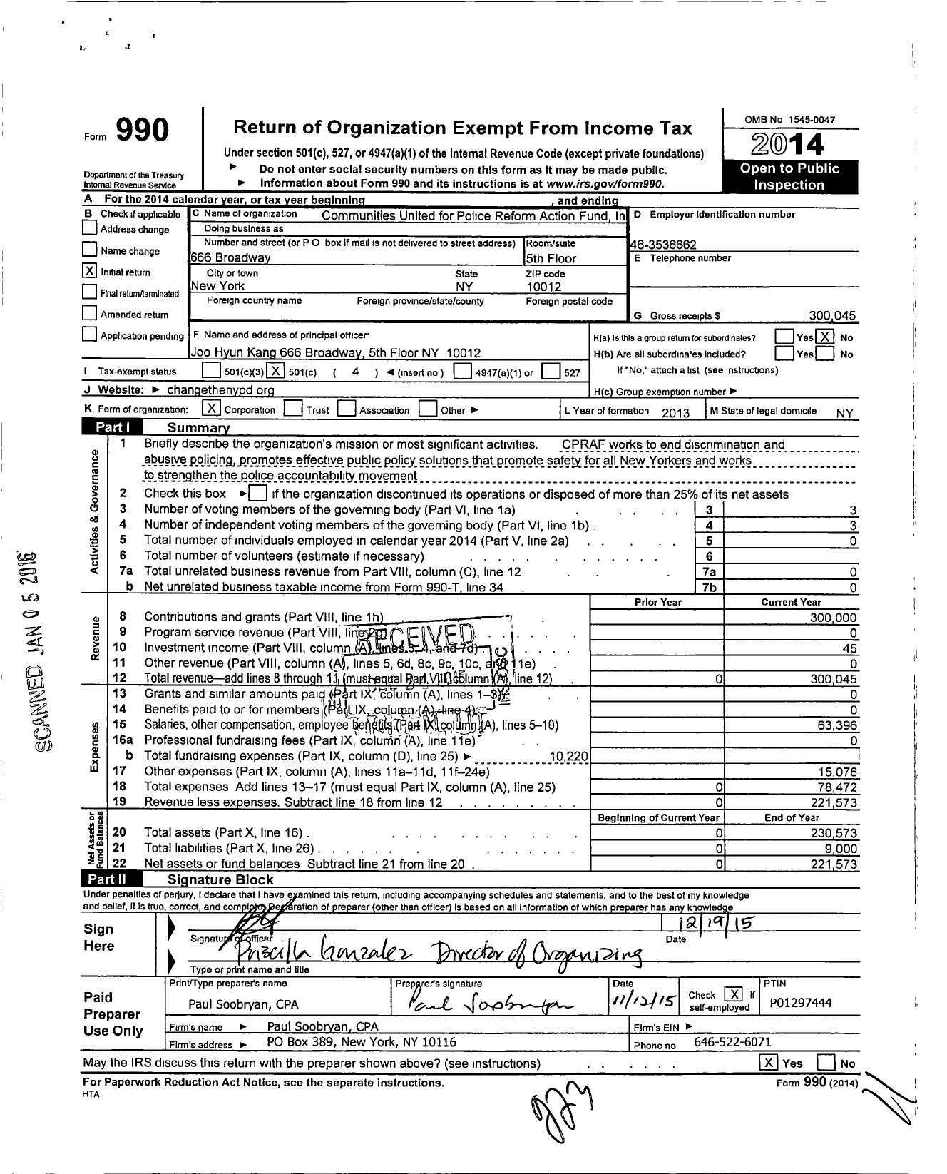 Image of first page of 2014 Form 990O for Communities United for Police Reform Action Fund