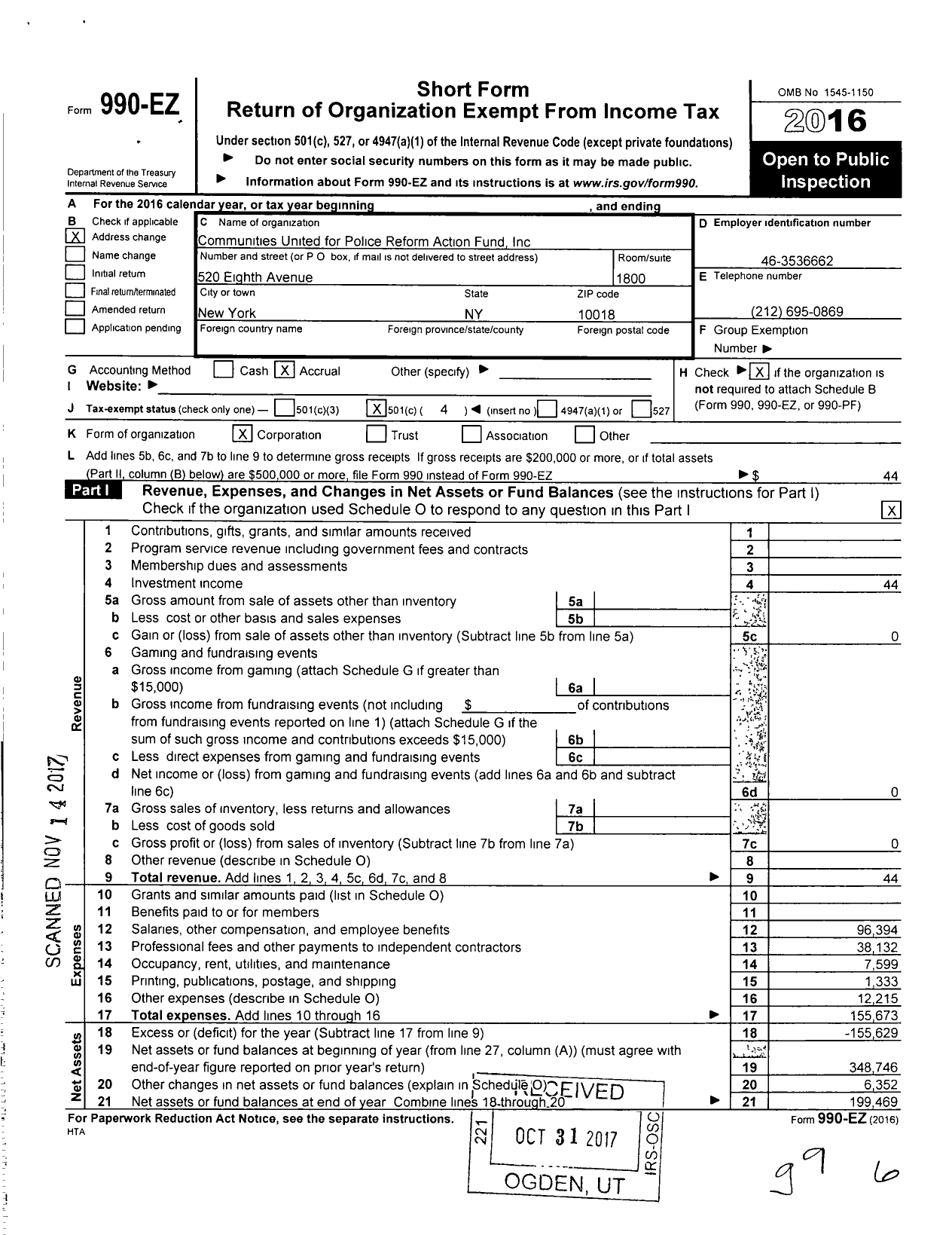 Image of first page of 2016 Form 990EO for Communities United for Police Reform Action Fund