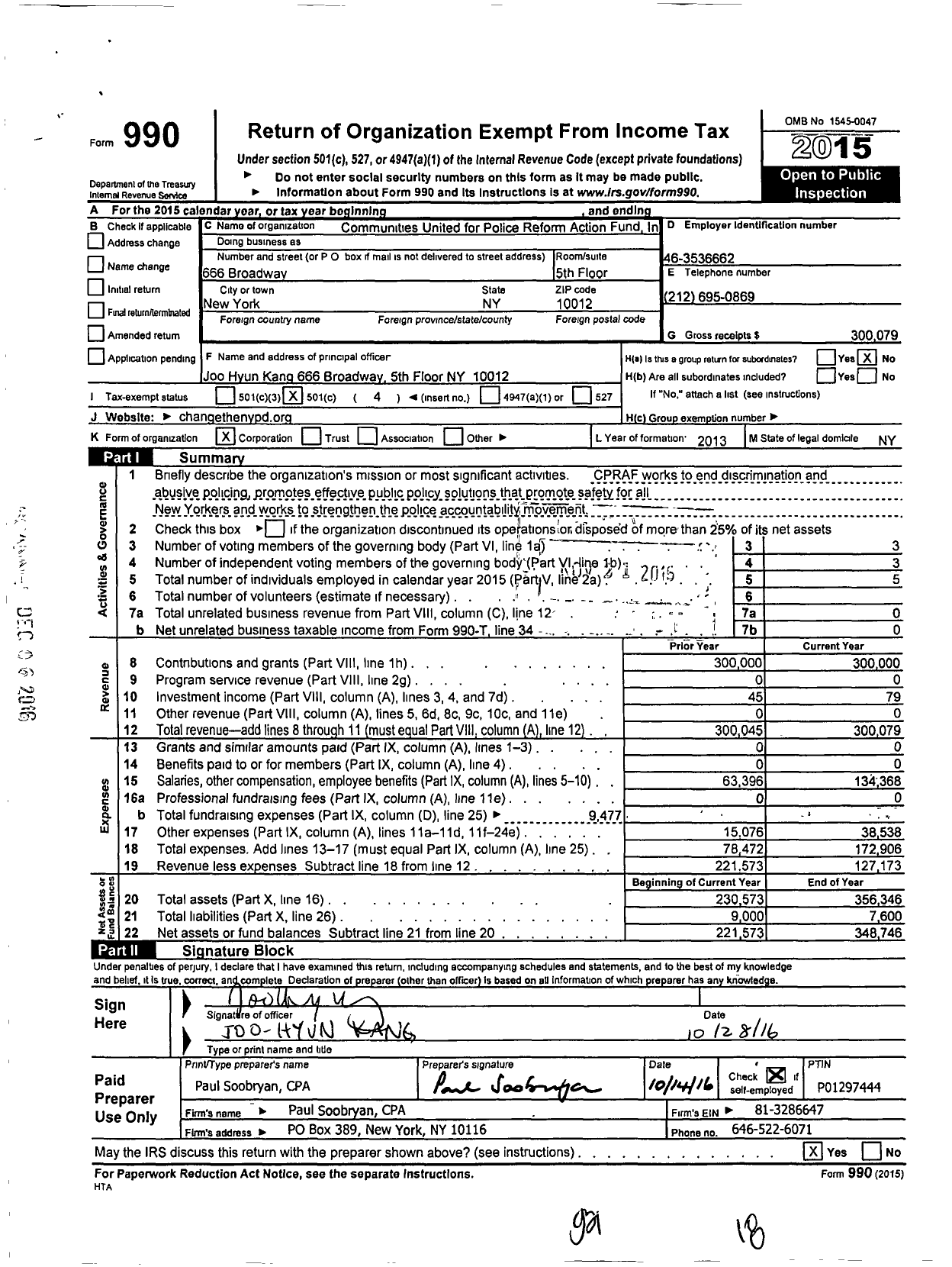 Image of first page of 2015 Form 990O for Communities United for Police Reform Action Fund