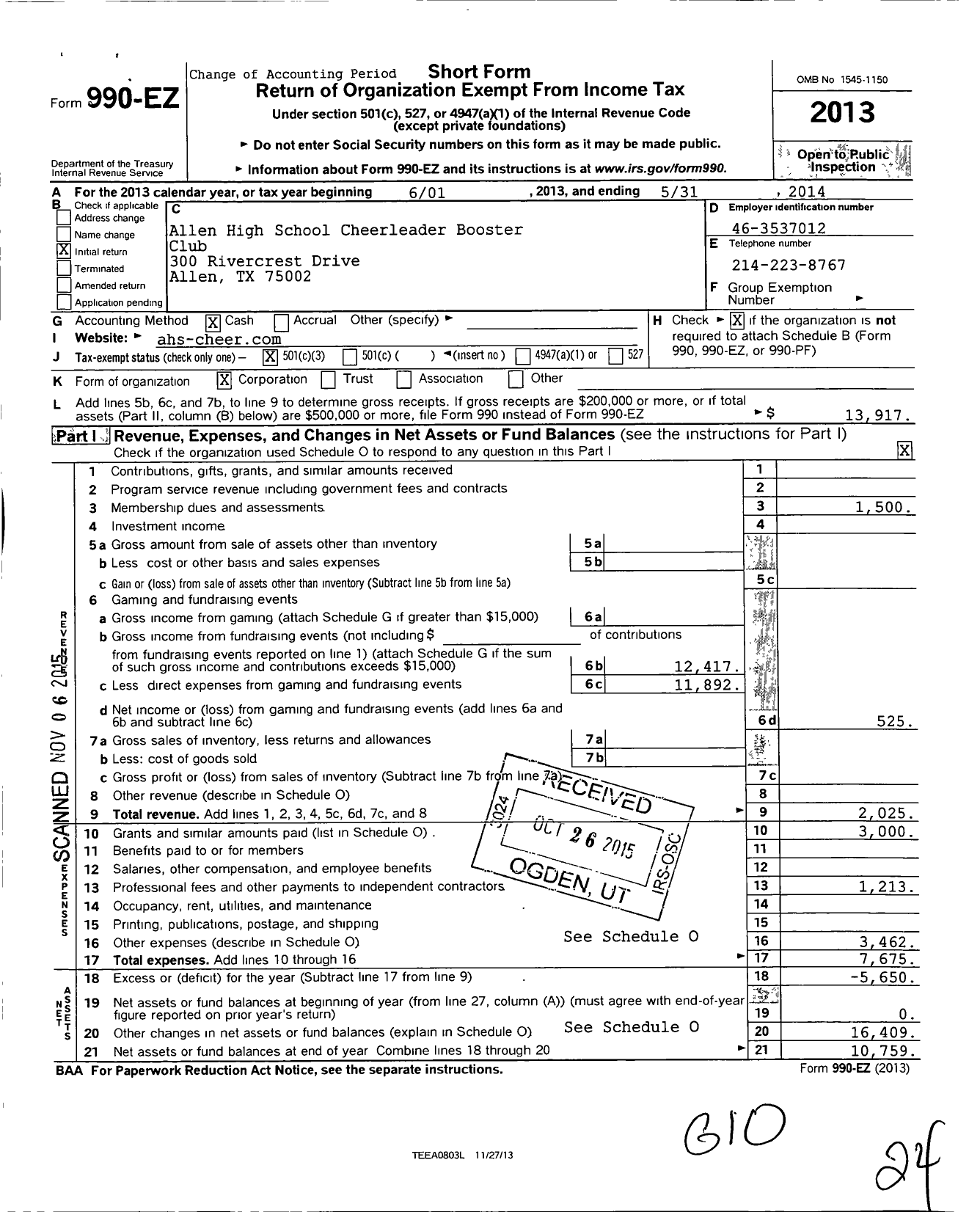 Image of first page of 2013 Form 990EZ for Allen High School Cheerleader Booster Club