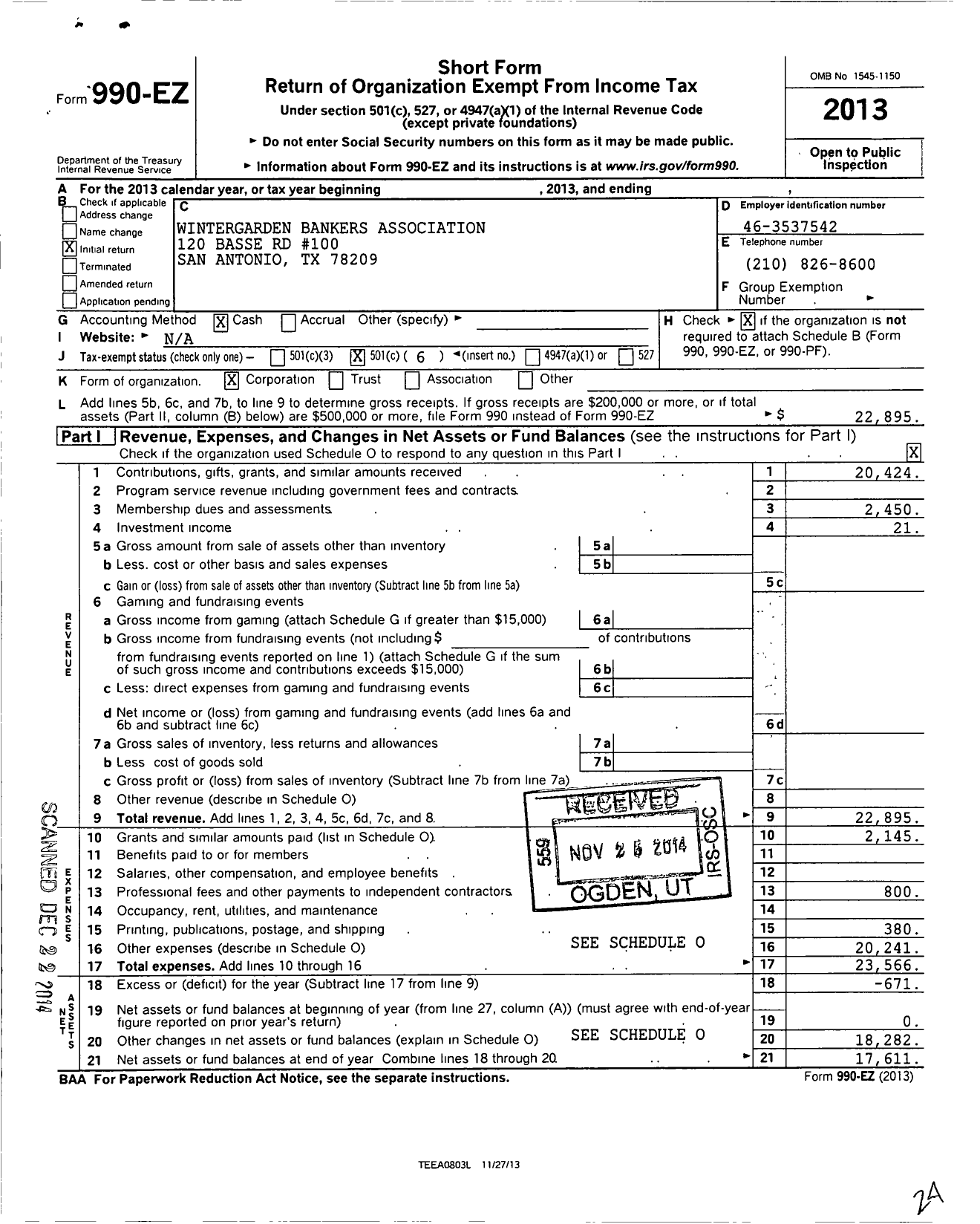 Image of first page of 2013 Form 990EO for Lone Star Bankers Association