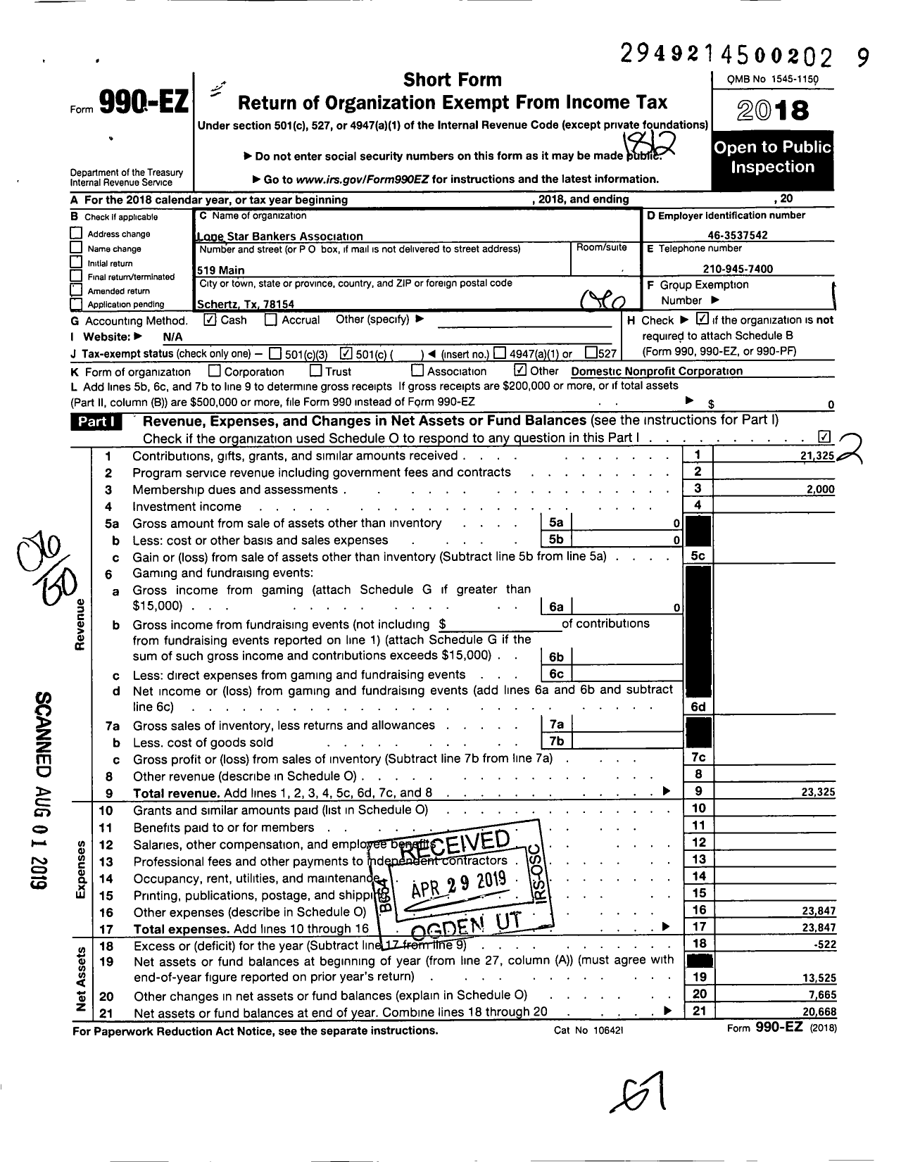 Image of first page of 2018 Form 990EO for Lone Star Bankers Association