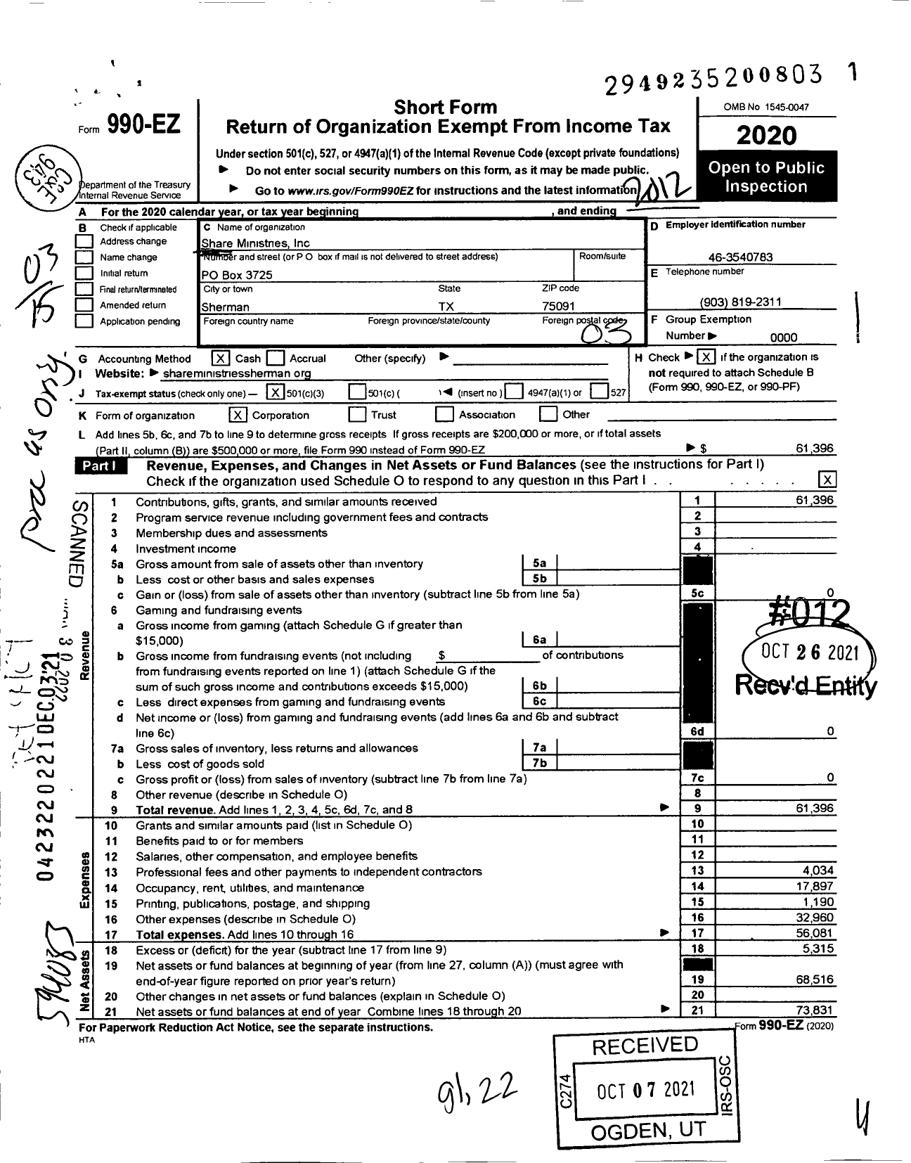 Image of first page of 2020 Form 990EZ for Share Ministries