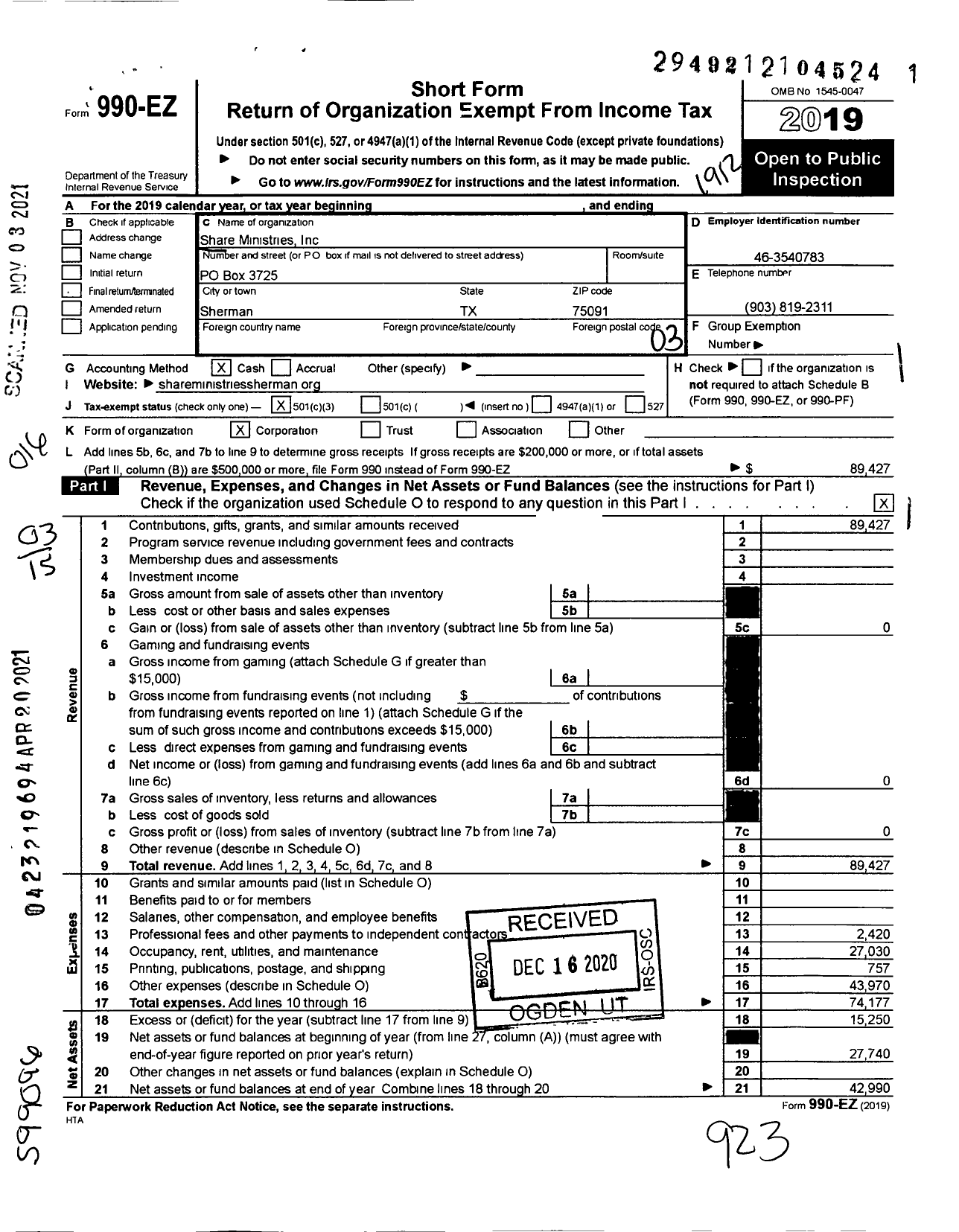 Image of first page of 2019 Form 990EZ for Share Ministries