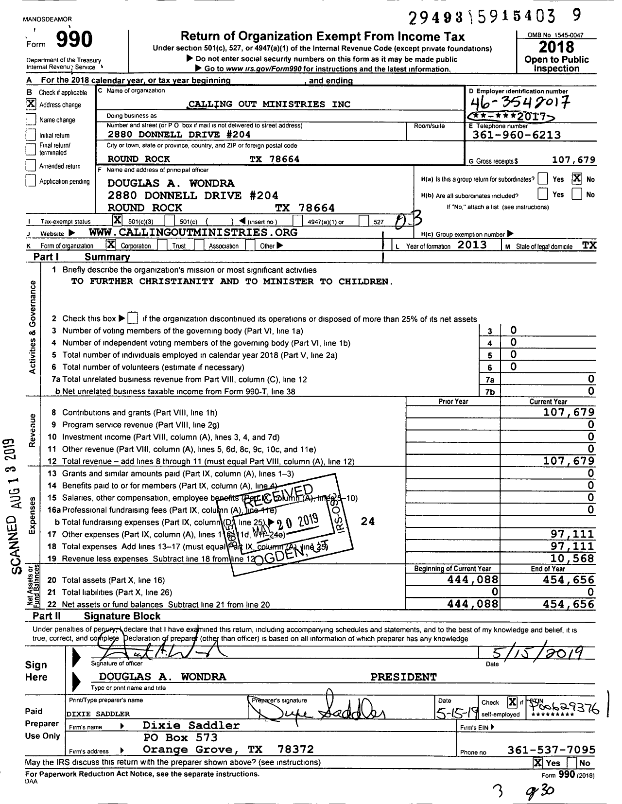 Image of first page of 2018 Form 990 for Calling Out Ministries