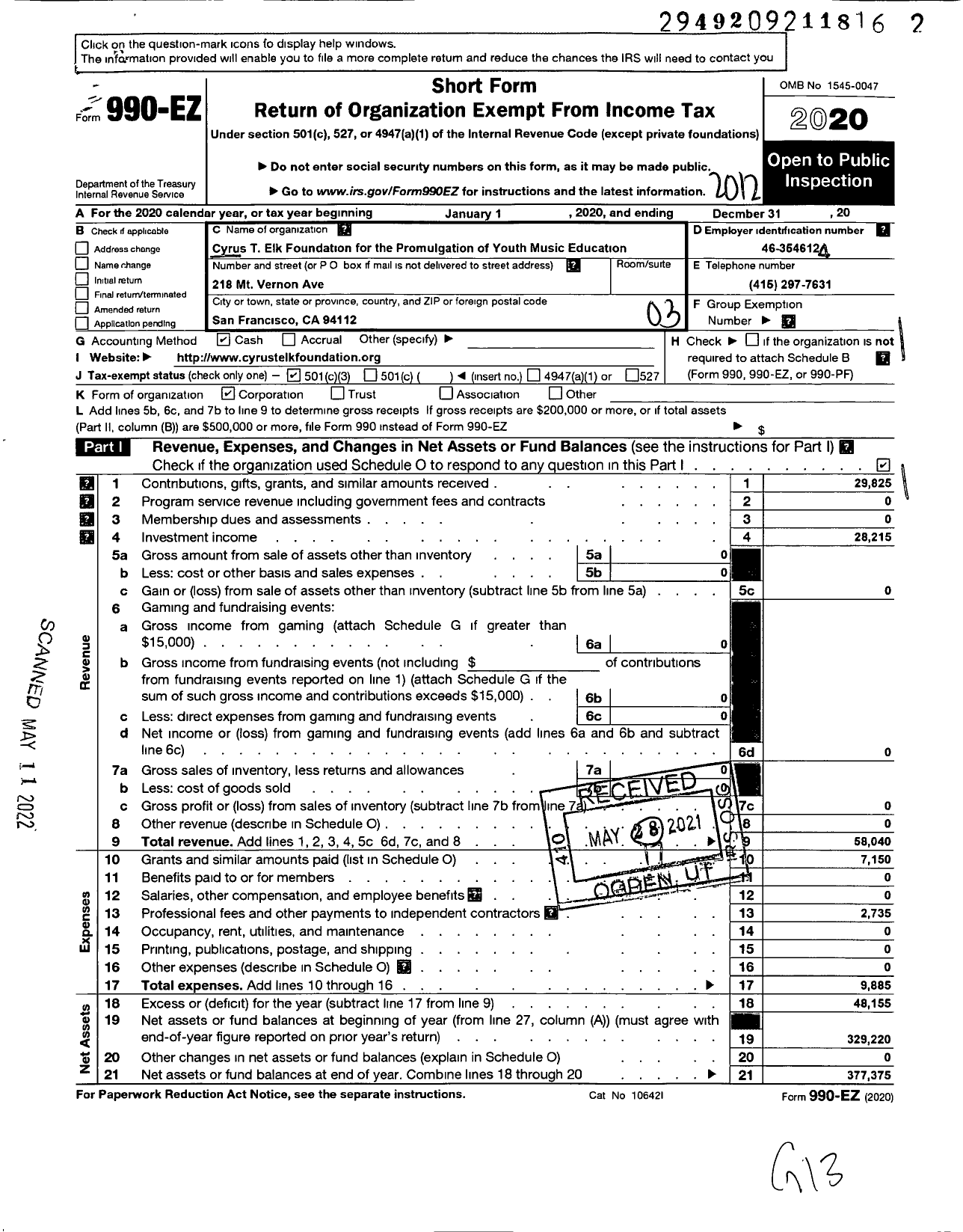 Image of first page of 2020 Form 990EZ for Cyrus T Elk Foundation for the Promulgation of Youth Music Education