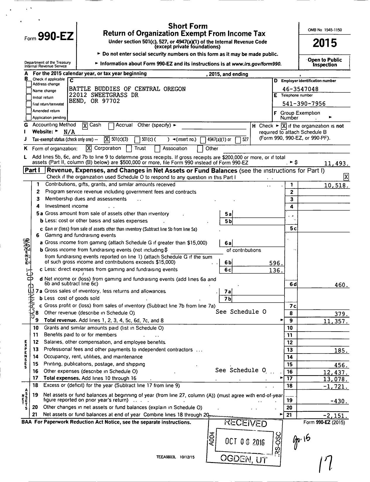 Image of first page of 2015 Form 990EZ for Battle Buddies of Central Oregon