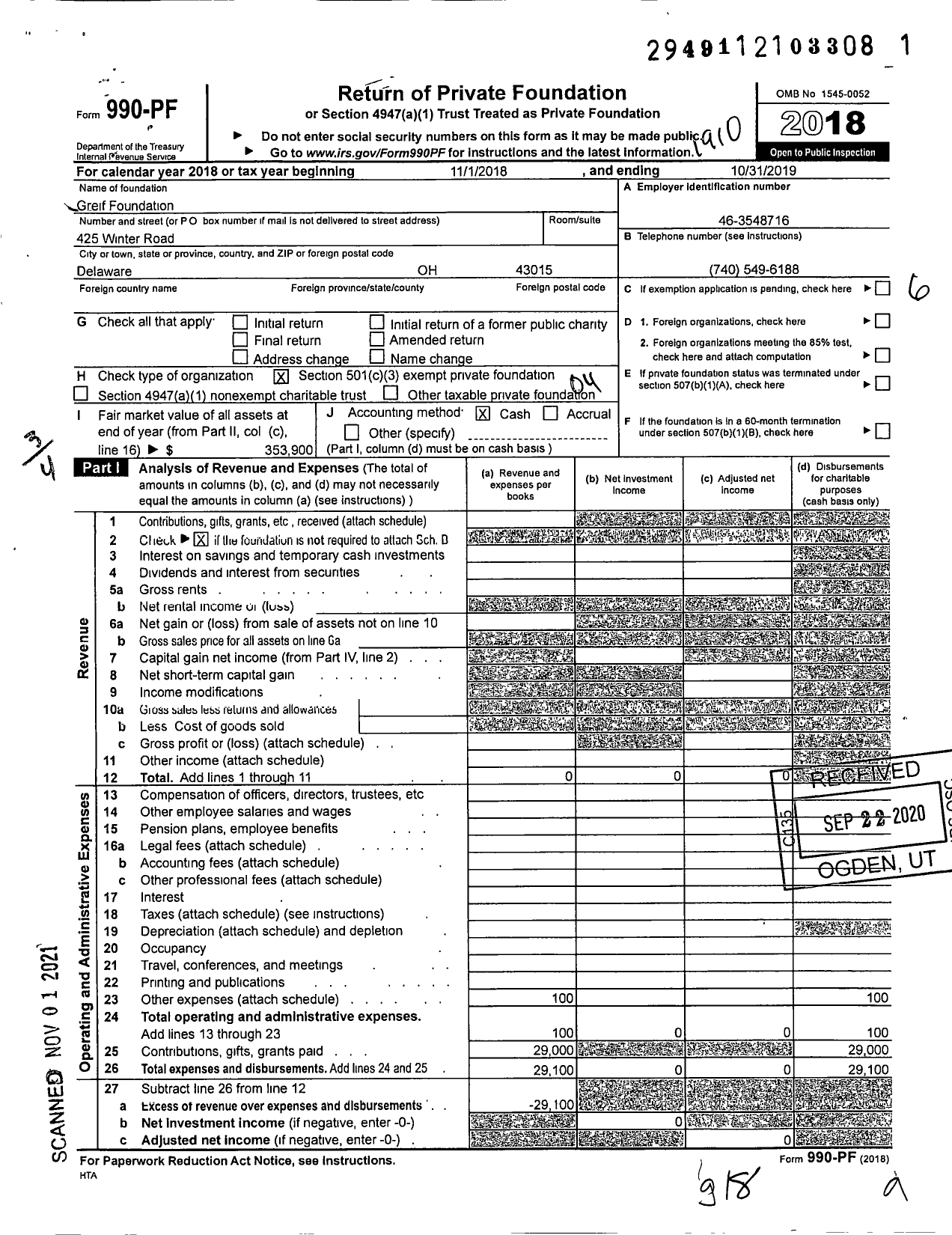 Image of first page of 2018 Form 990PF for Greif Foundation