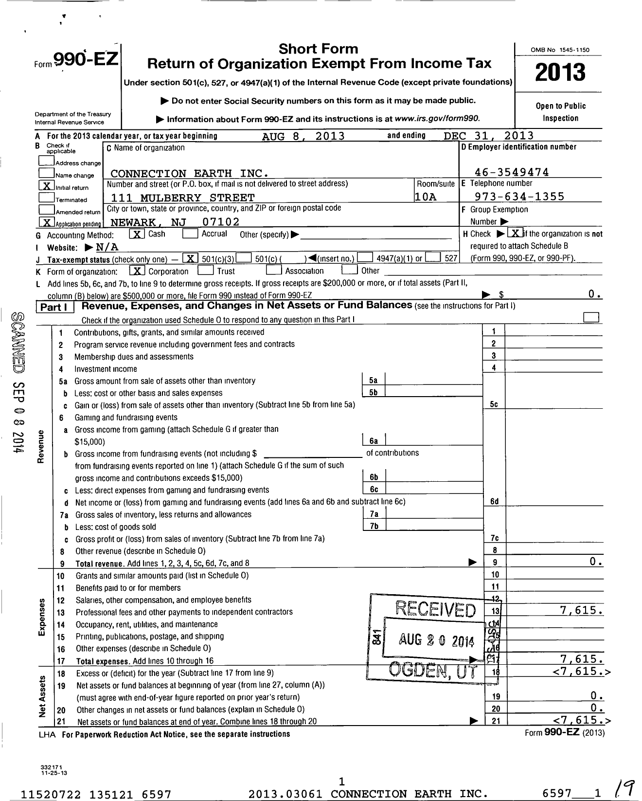 Image of first page of 2013 Form 990EZ for Connection Earth