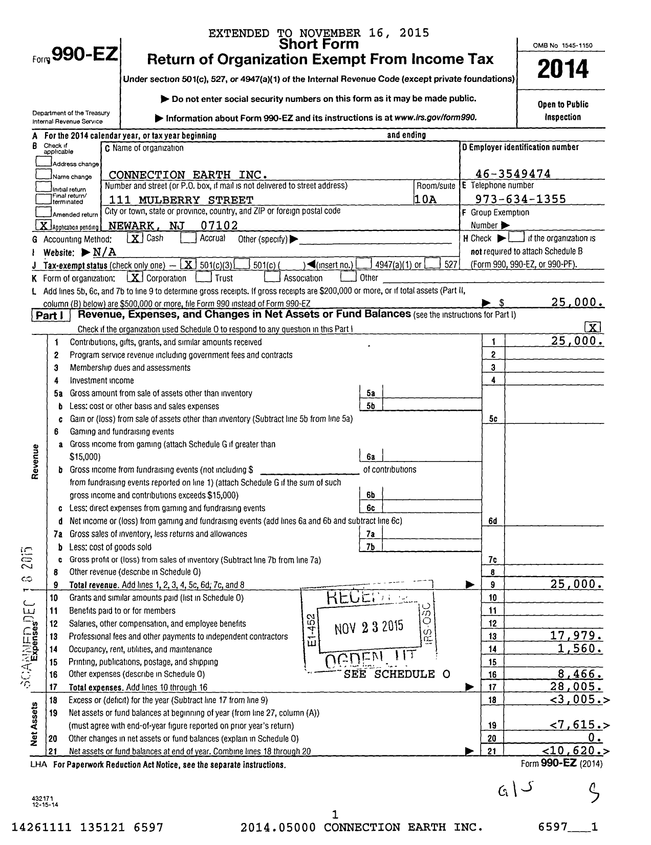 Image of first page of 2014 Form 990EZ for Connection Earth