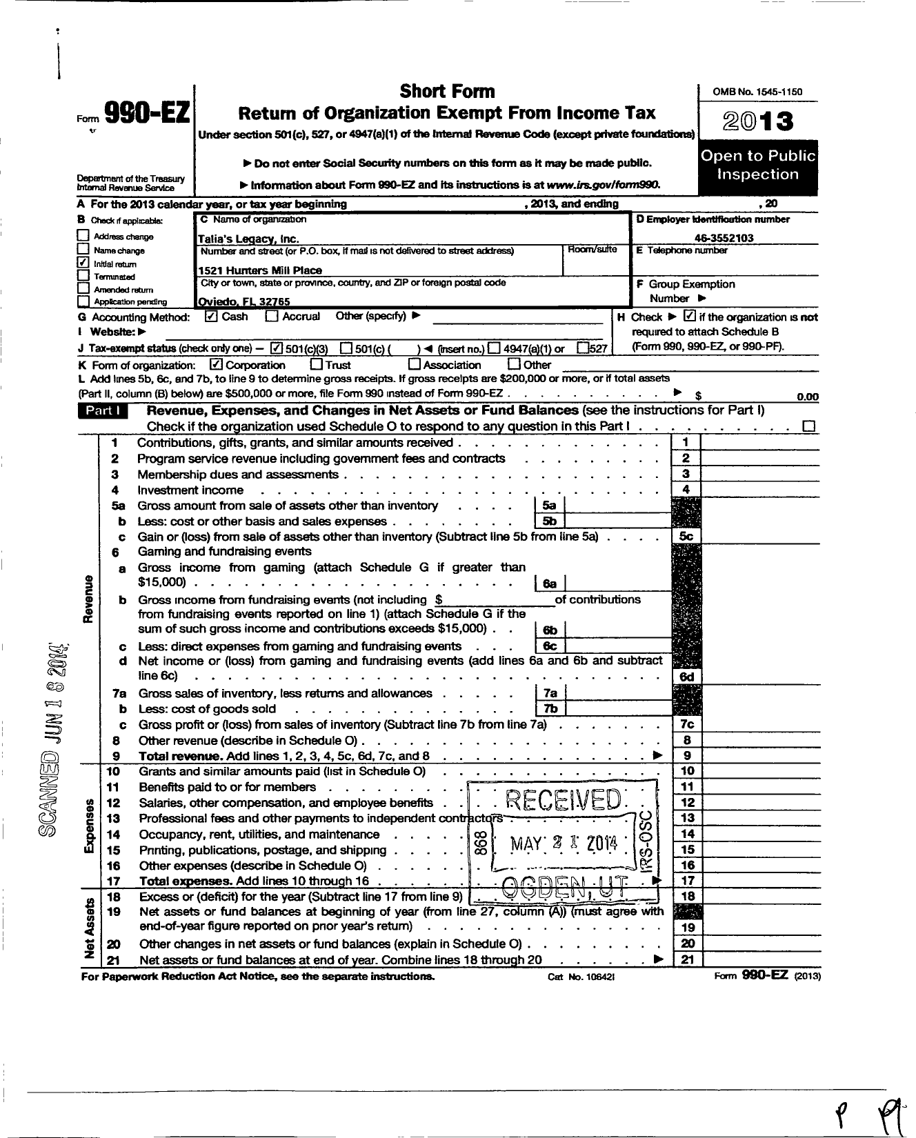 Image of first page of 2013 Form 990EZ for Talias Legacy