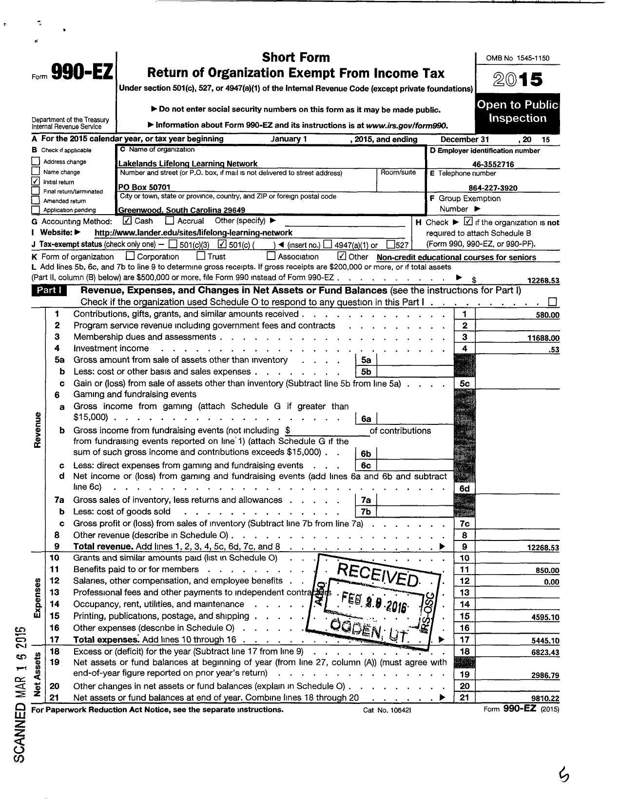 Image of first page of 2015 Form 990EO for Lakelands Lifelong Learning Network