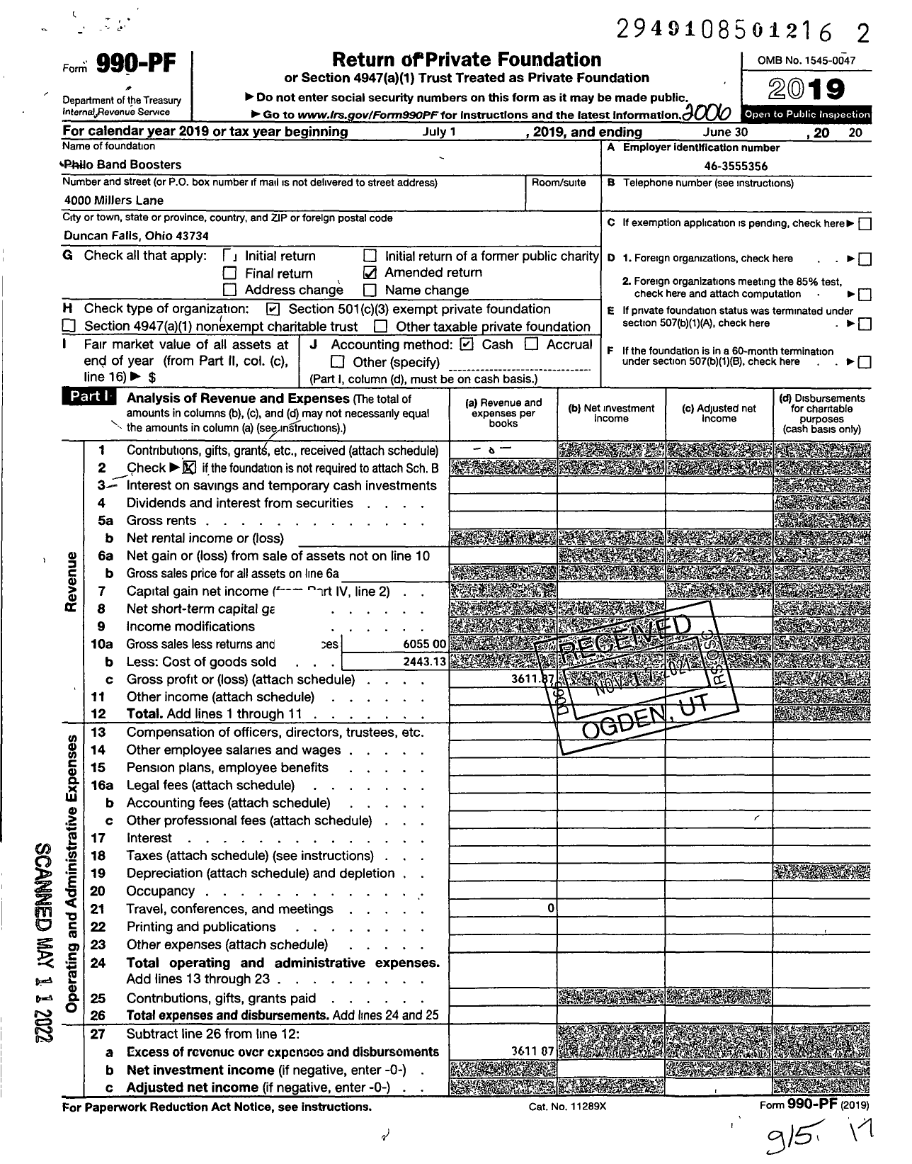 Image of first page of 2019 Form 990PF for Philo Band Boosters