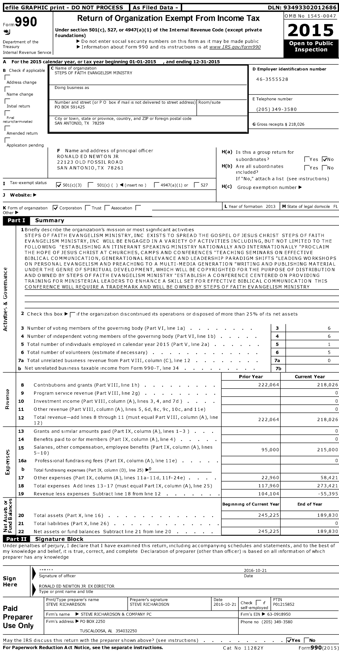 Image of first page of 2015 Form 990 for Ed Newton Ministries