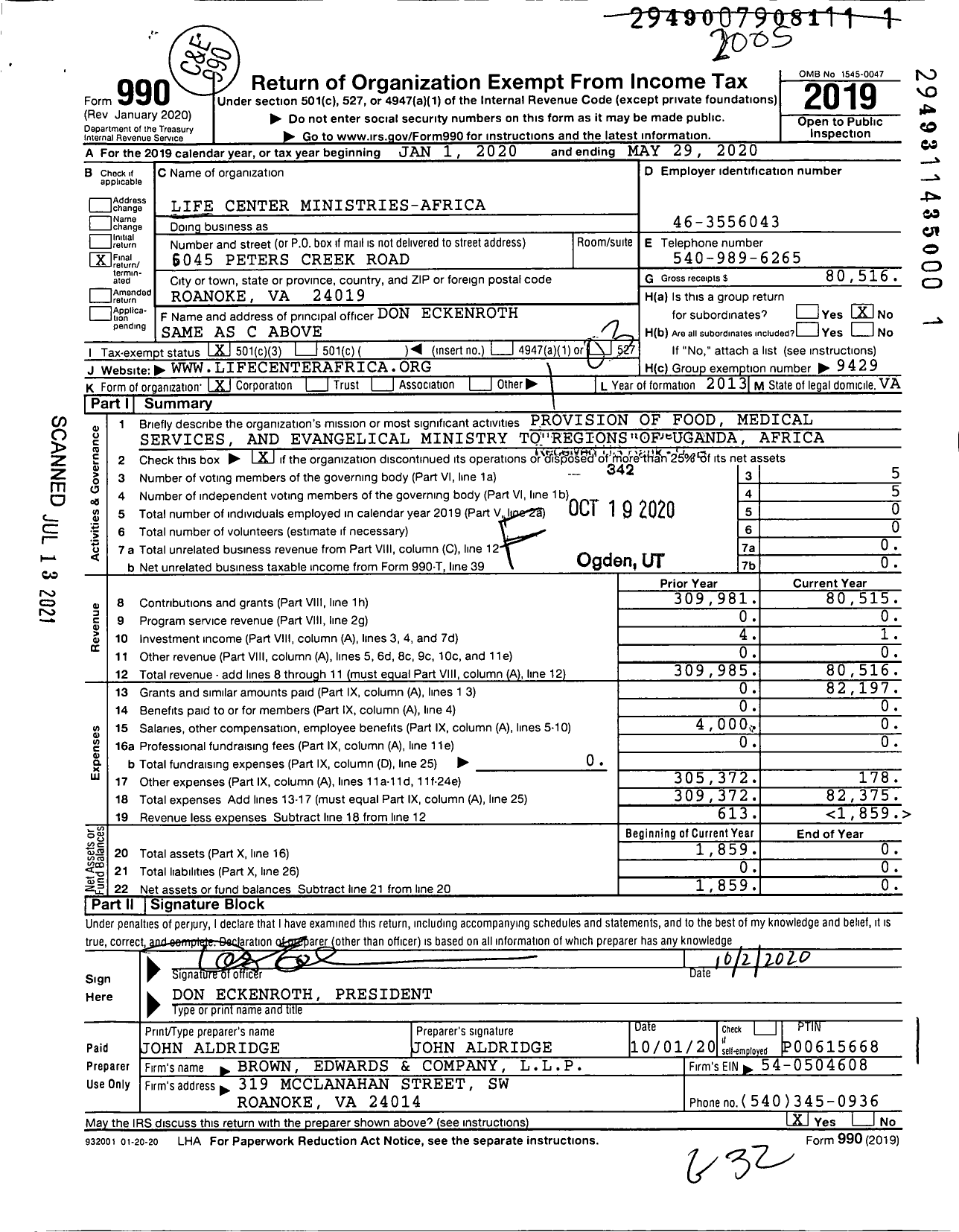 Image of first page of 2019 Form 990 for Life Center Ministries-Africa