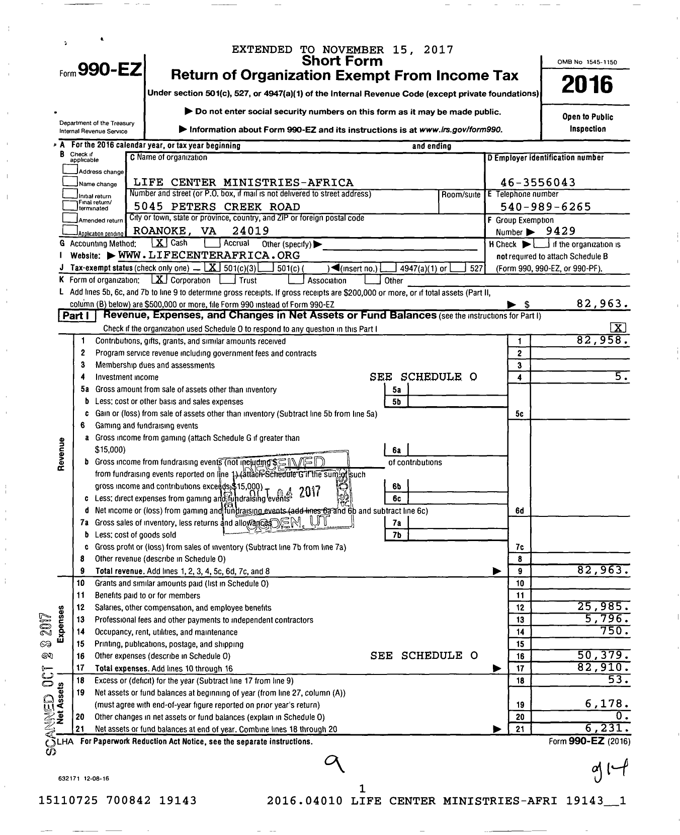 Image of first page of 2016 Form 990EZ for Life Center Ministries-Africa