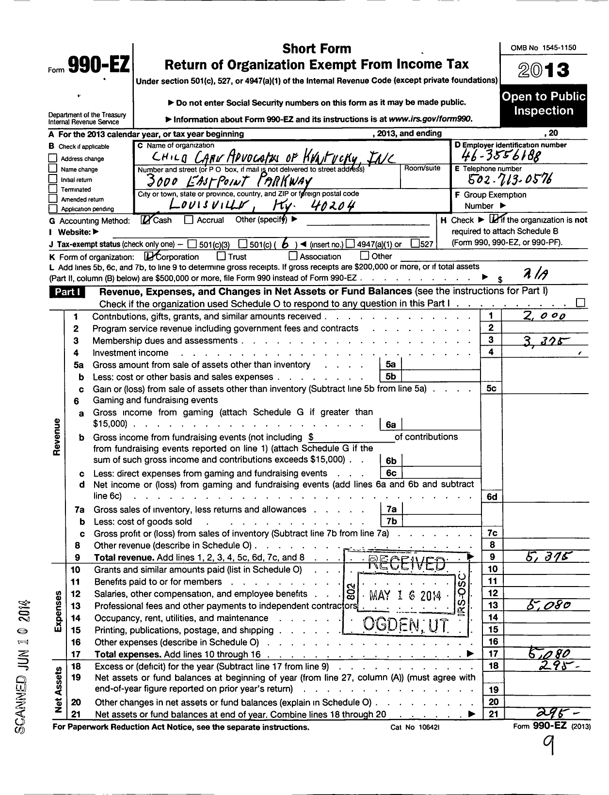 Image of first page of 2013 Form 990EO for Child Care Advocates of Kentucky