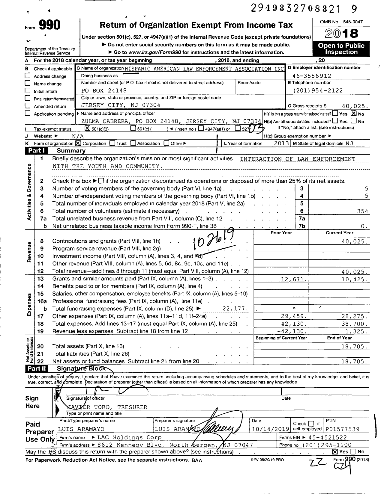 Image of first page of 2018 Form 990 for Hispanic American Law Enforcement Association