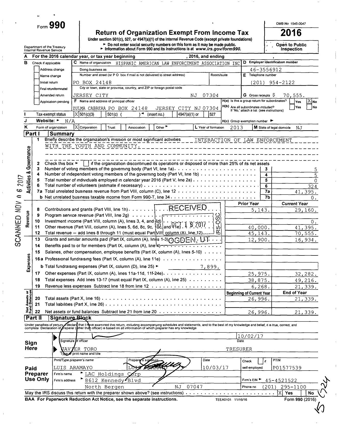 Image of first page of 2016 Form 990 for Hispanic American Law Enforcement Association