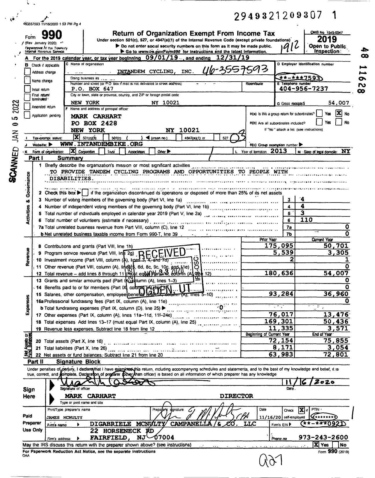 Image of first page of 2019 Form 990 for Intandem Cycling