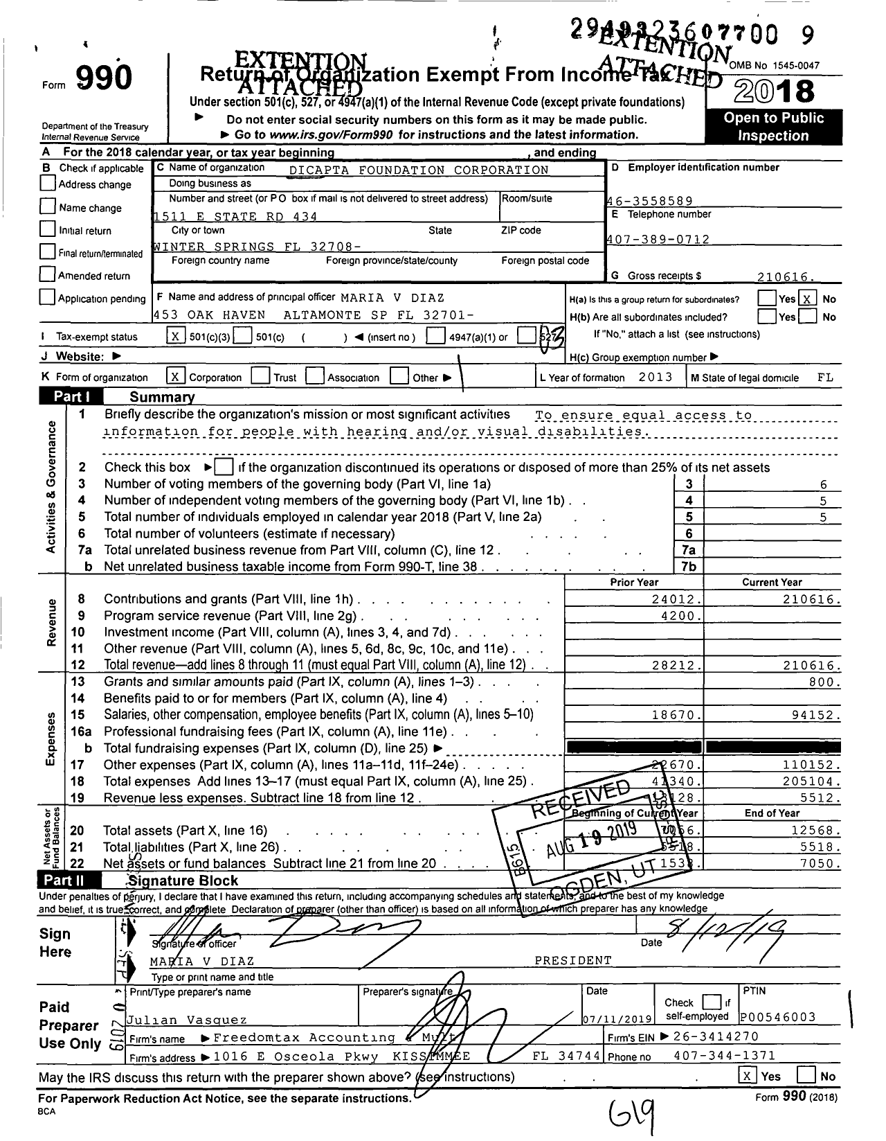 Image of first page of 2018 Form 990 for Dicapta Foundation Corporation