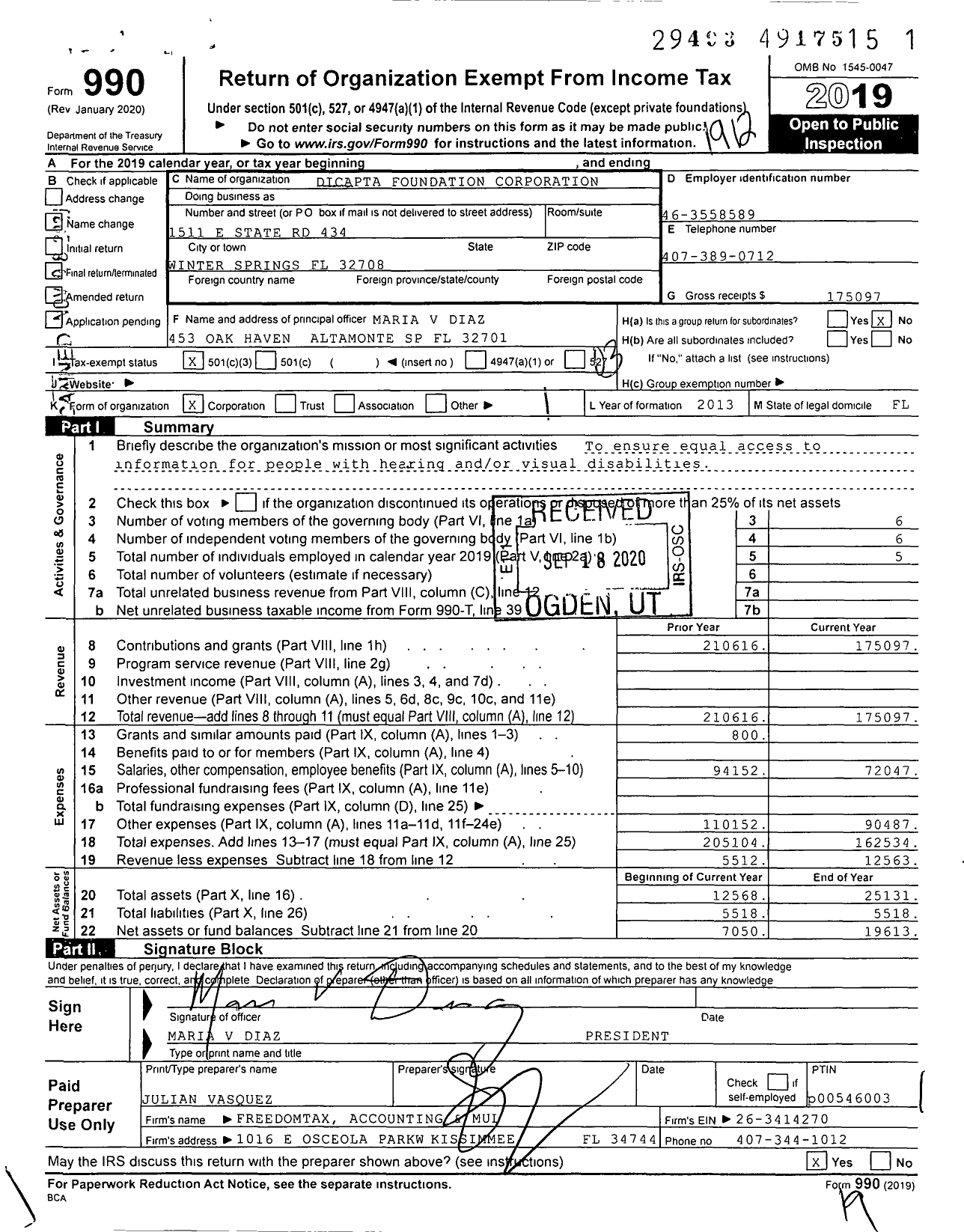 Image of first page of 2019 Form 990 for Dicapta Foundation Corporation