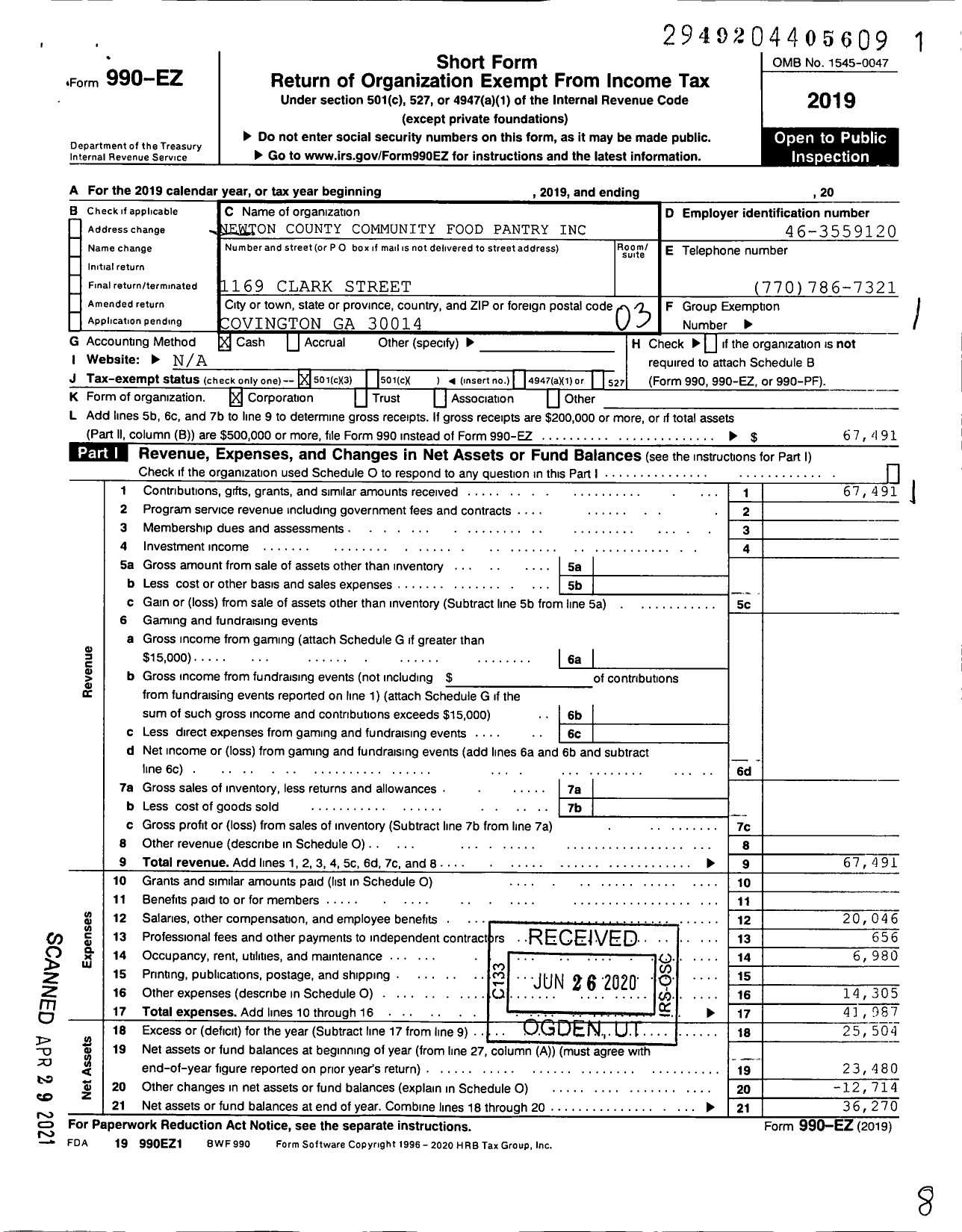 Image of first page of 2019 Form 990EZ for Newton County Community Food Pantry